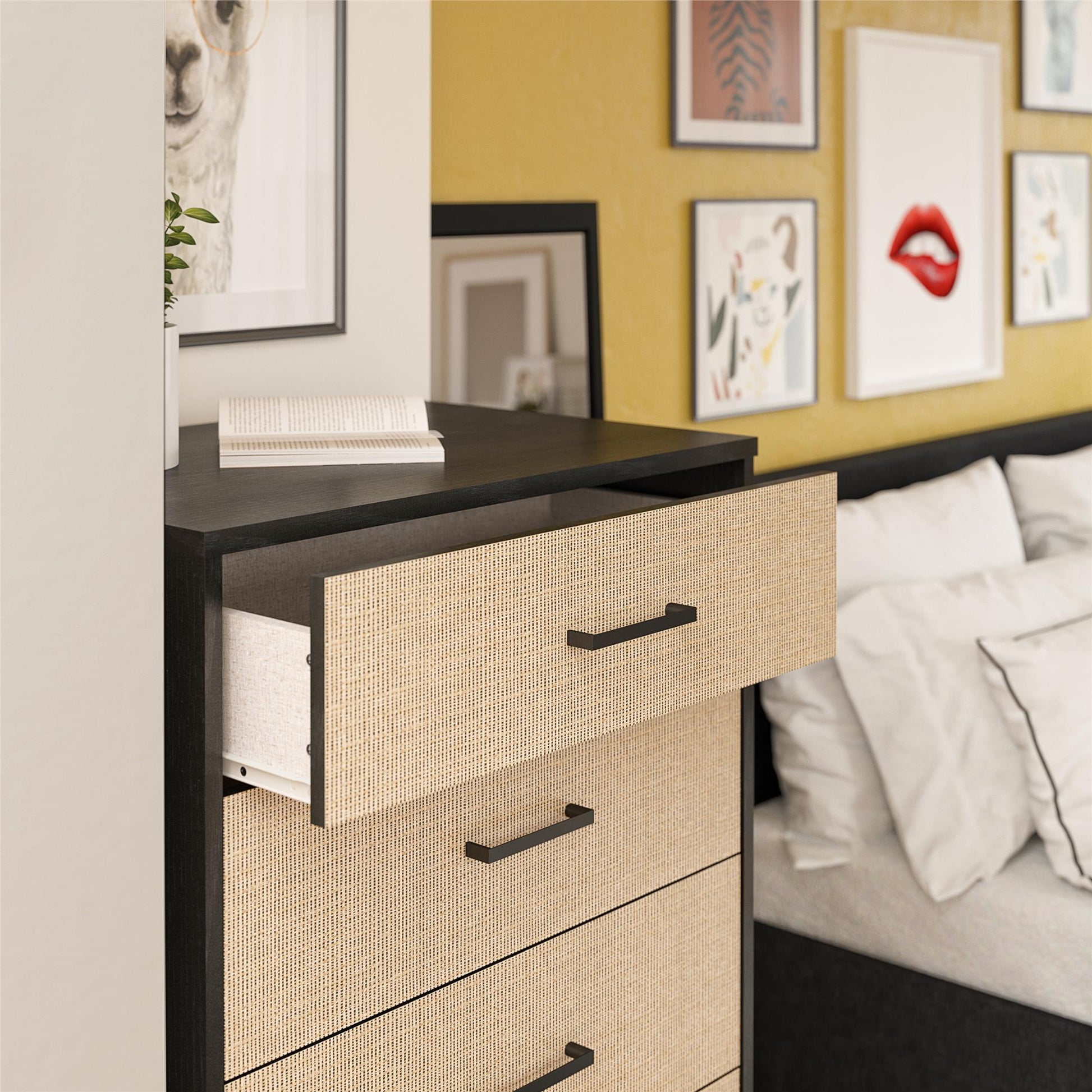 Kelly 5 Drawer Dresser, Faux Rattan & Black Oak - Black Oak