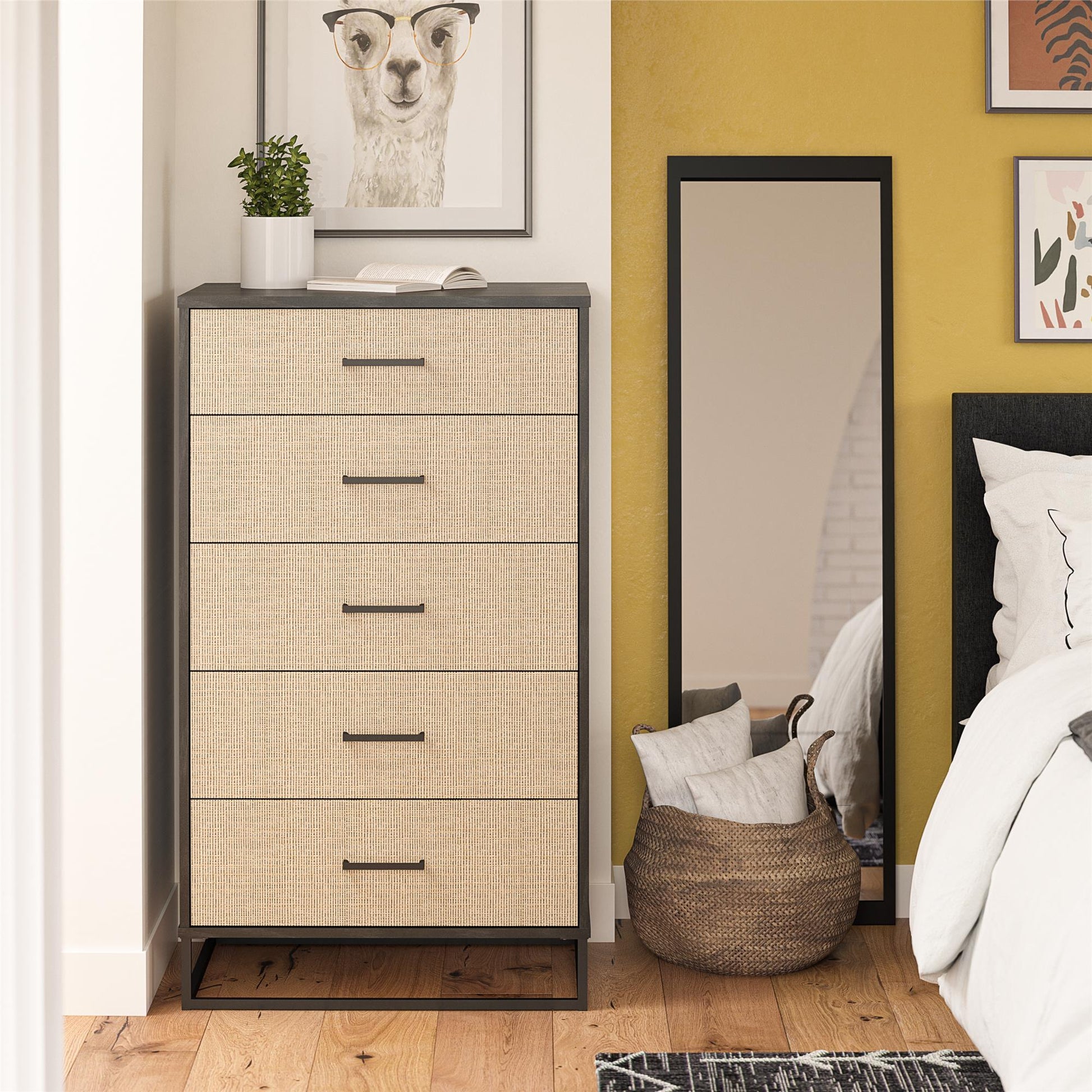 Kelly 5 Drawer Dresser, Faux Rattan & Black Oak - Black Oak