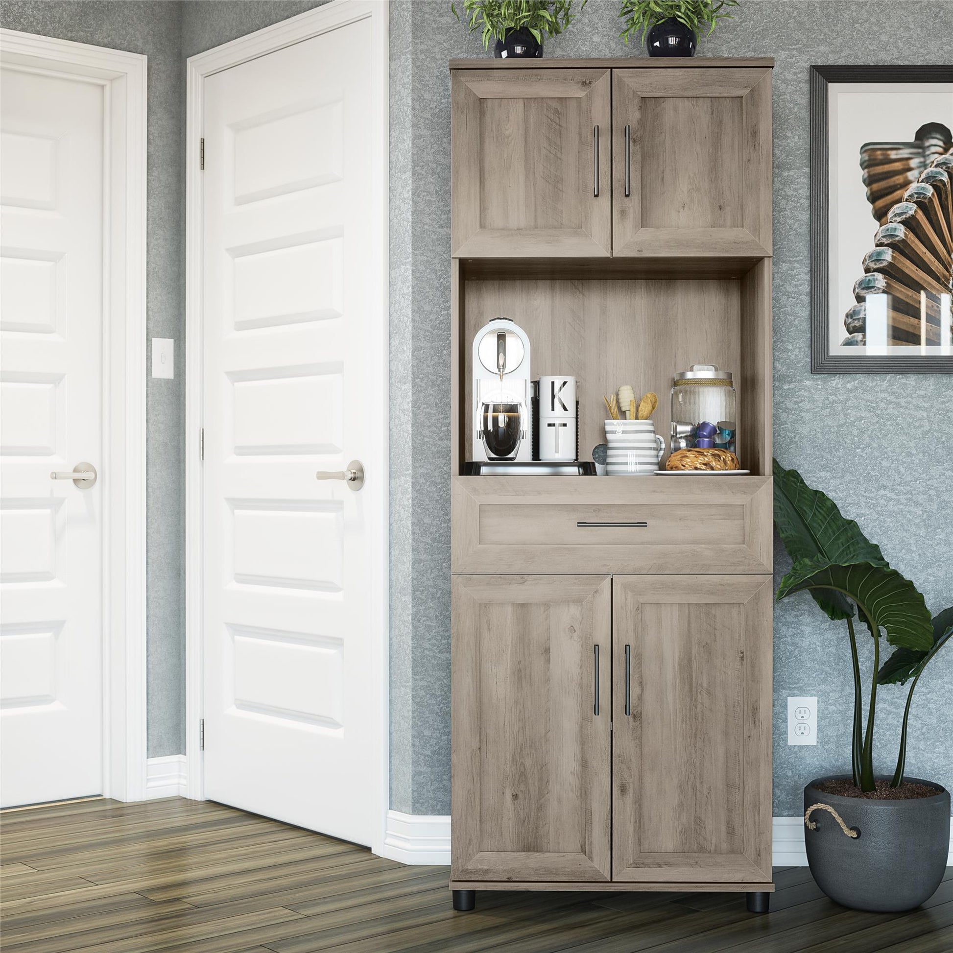 Tindall Modern Farmhouse 4 Door Tall Coffee Bar - Gray Oak