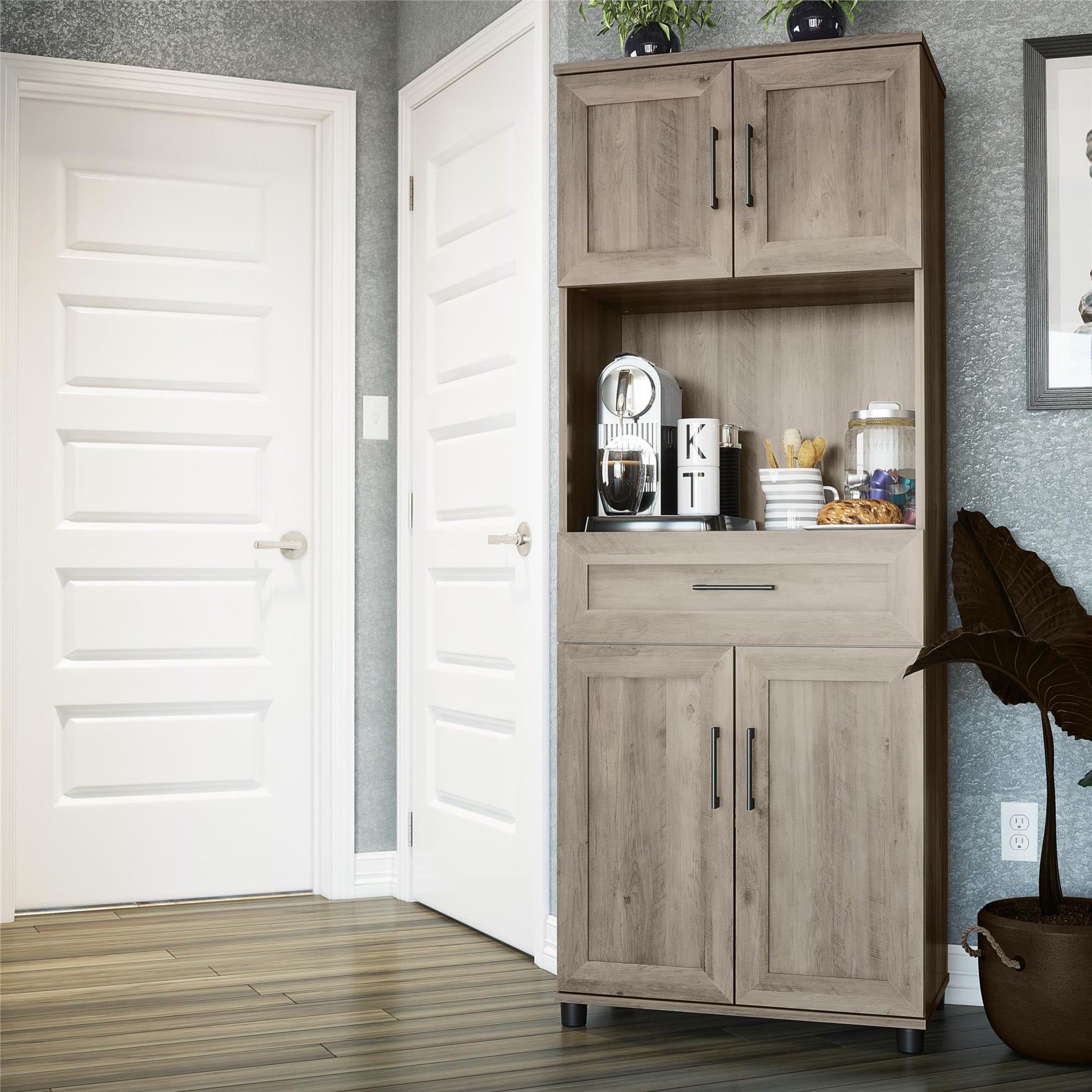 Tindall Modern Farmhouse 4 Door Tall Coffee Bar - Gray Oak