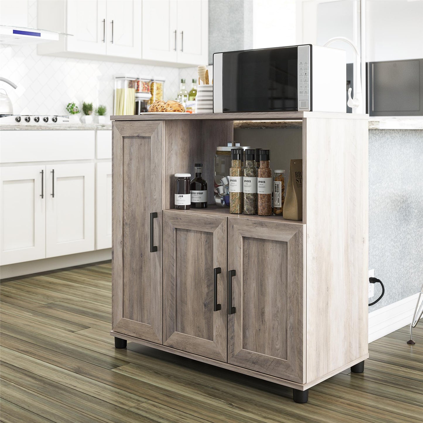 Tindall Modern Farmhouse Microwave Stand with 5 Shelves - Gray Oak