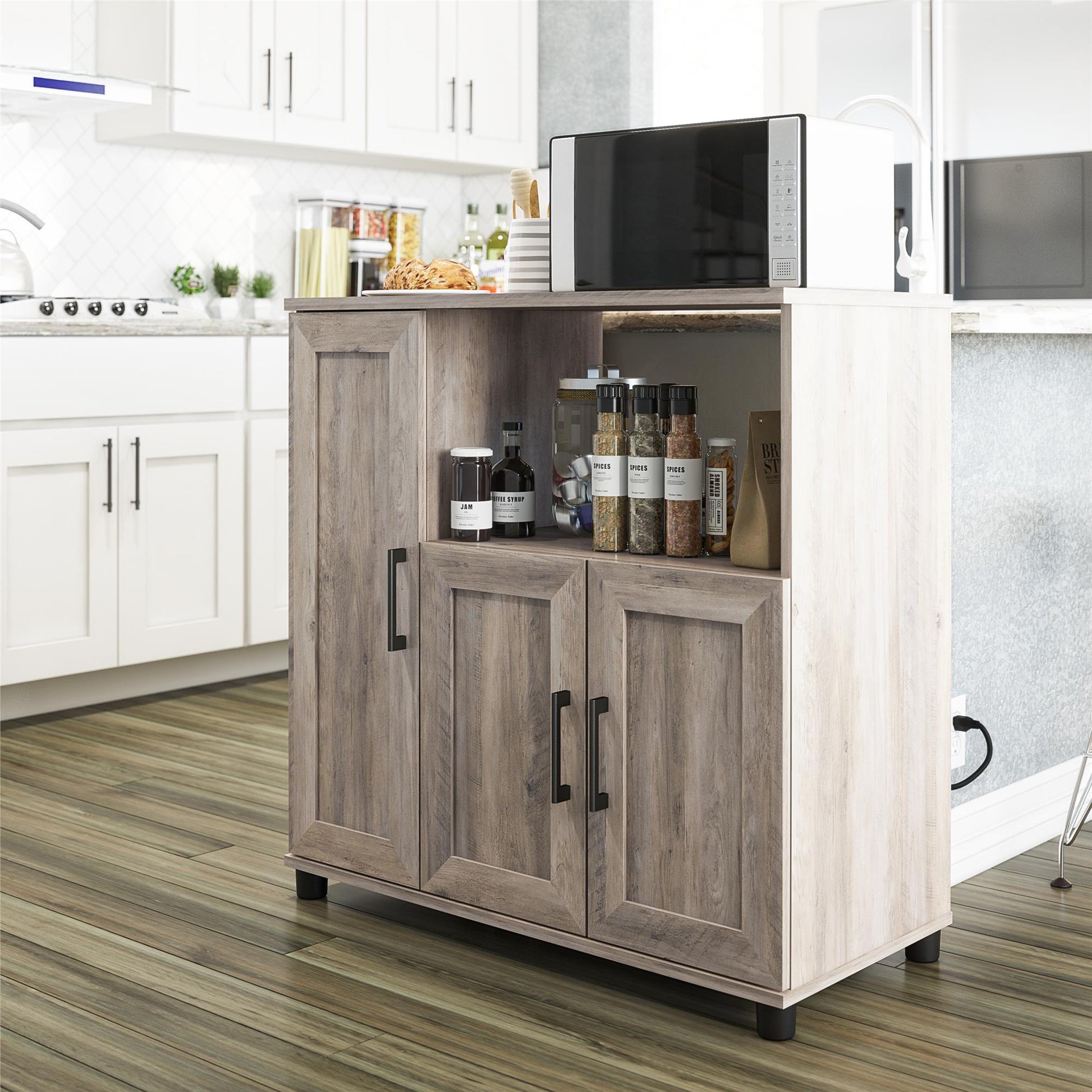 Tindall Modern Farmhouse Microwave Stand with 5 Shelves - Gray Oak