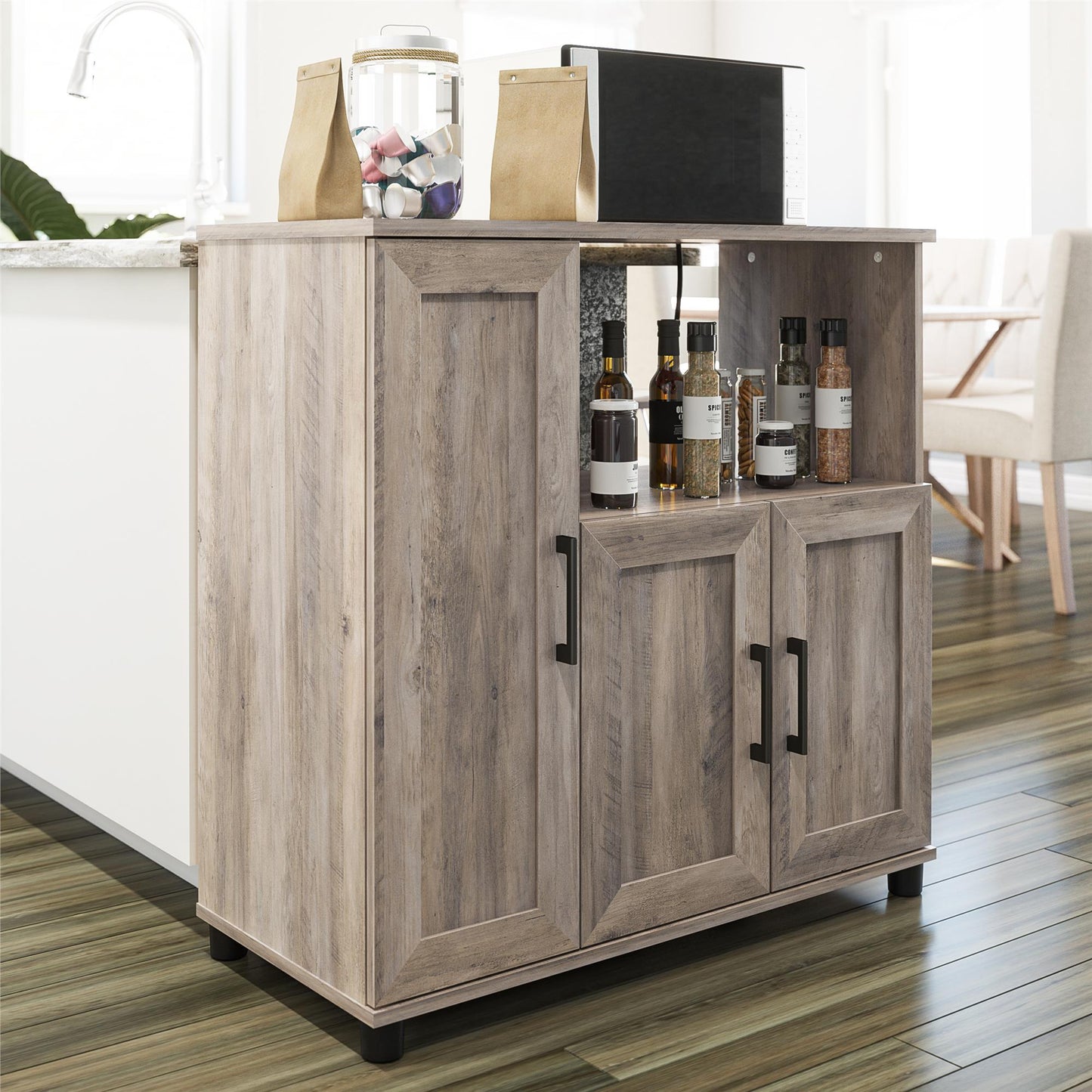Tindall Modern Farmhouse Microwave Stand with 5 Shelves - Gray Oak
