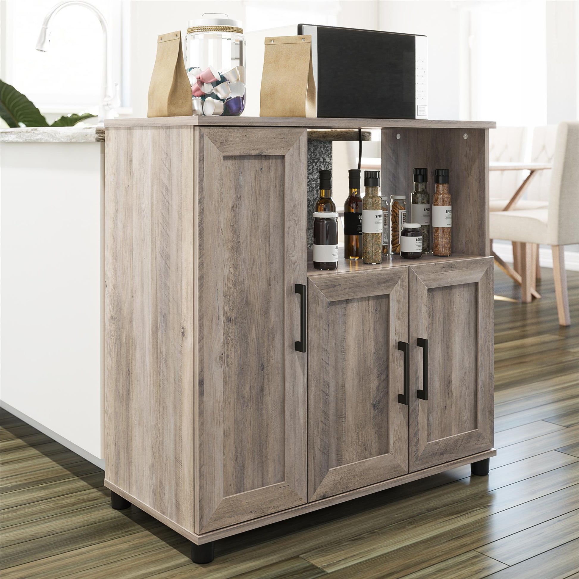 Tindall Modern Farmhouse Microwave Stand with 5 Shelves - Gray Oak