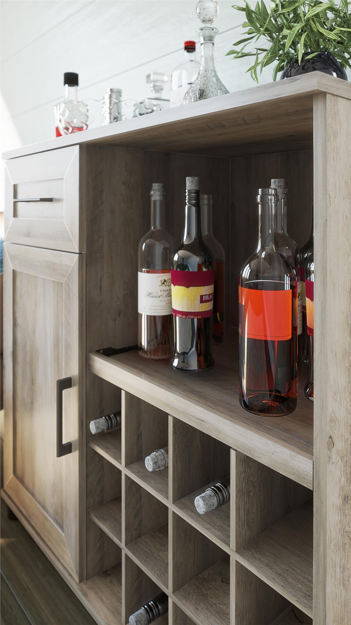 Tindall Modern Farmhouse Bar Cabinet with Pull Out Shelf and 12 Cubbies - Gray Oak