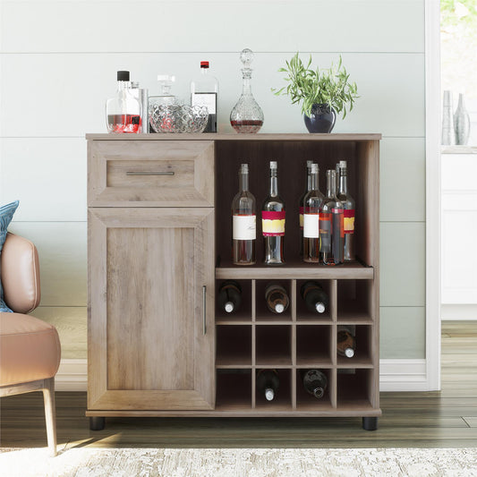 Tindall Modern Farmhouse Bar Cabinet with Pull Out Shelf and 12 Cubbies - Gray Oak