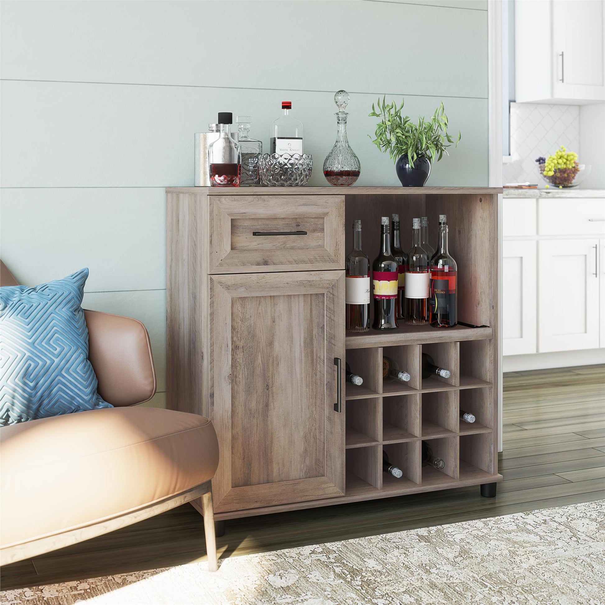 Tindall Modern Farmhouse Bar Cabinet with Pull Out Shelf and 12 Cubbies - Gray Oak