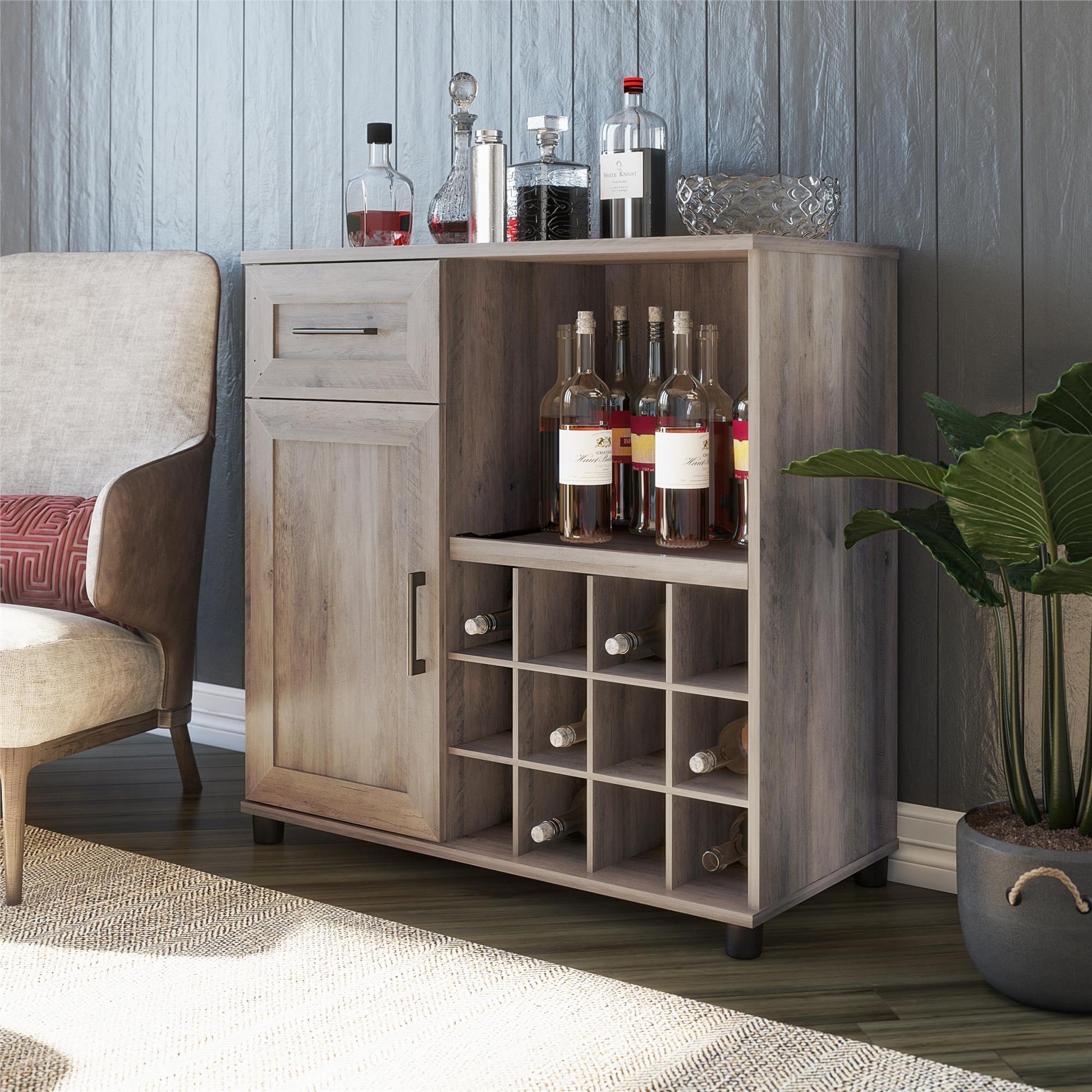 Tindall Modern Farmhouse Bar Cabinet with Pull Out Shelf and 12 Cubbies - Gray Oak