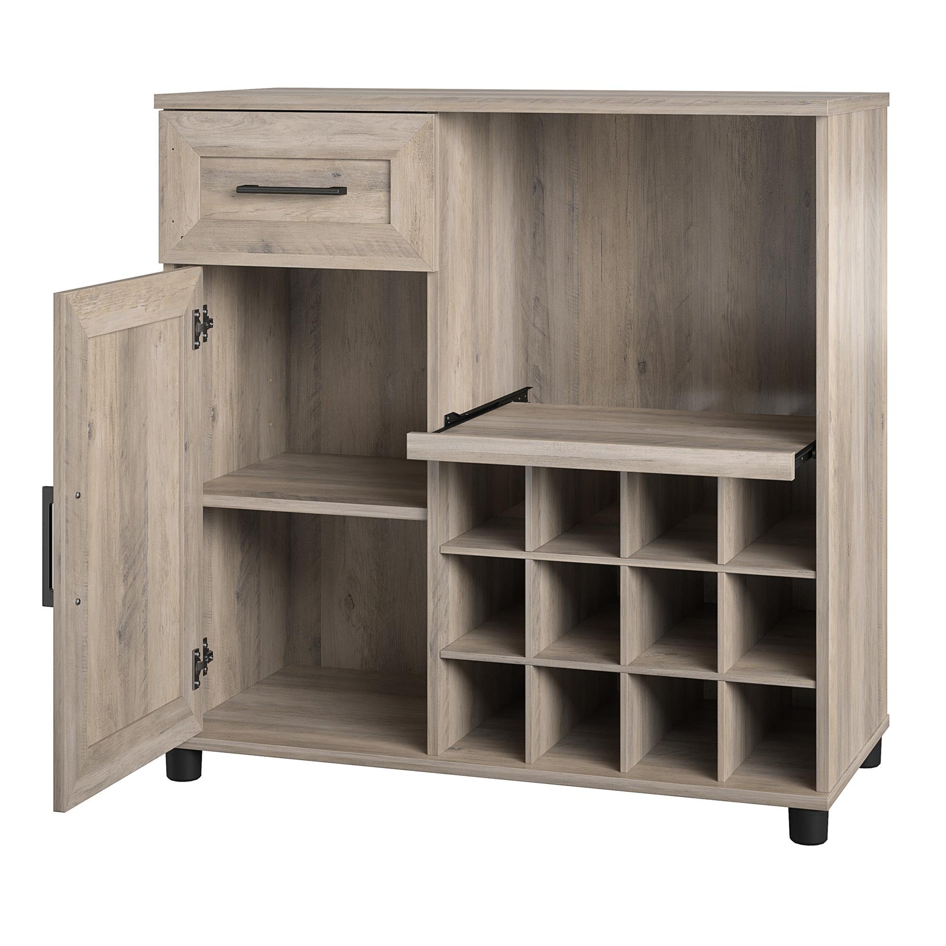 Tindall Modern Farmhouse Bar Cabinet with Pull Out Shelf and 12 Cubbies - Gray Oak