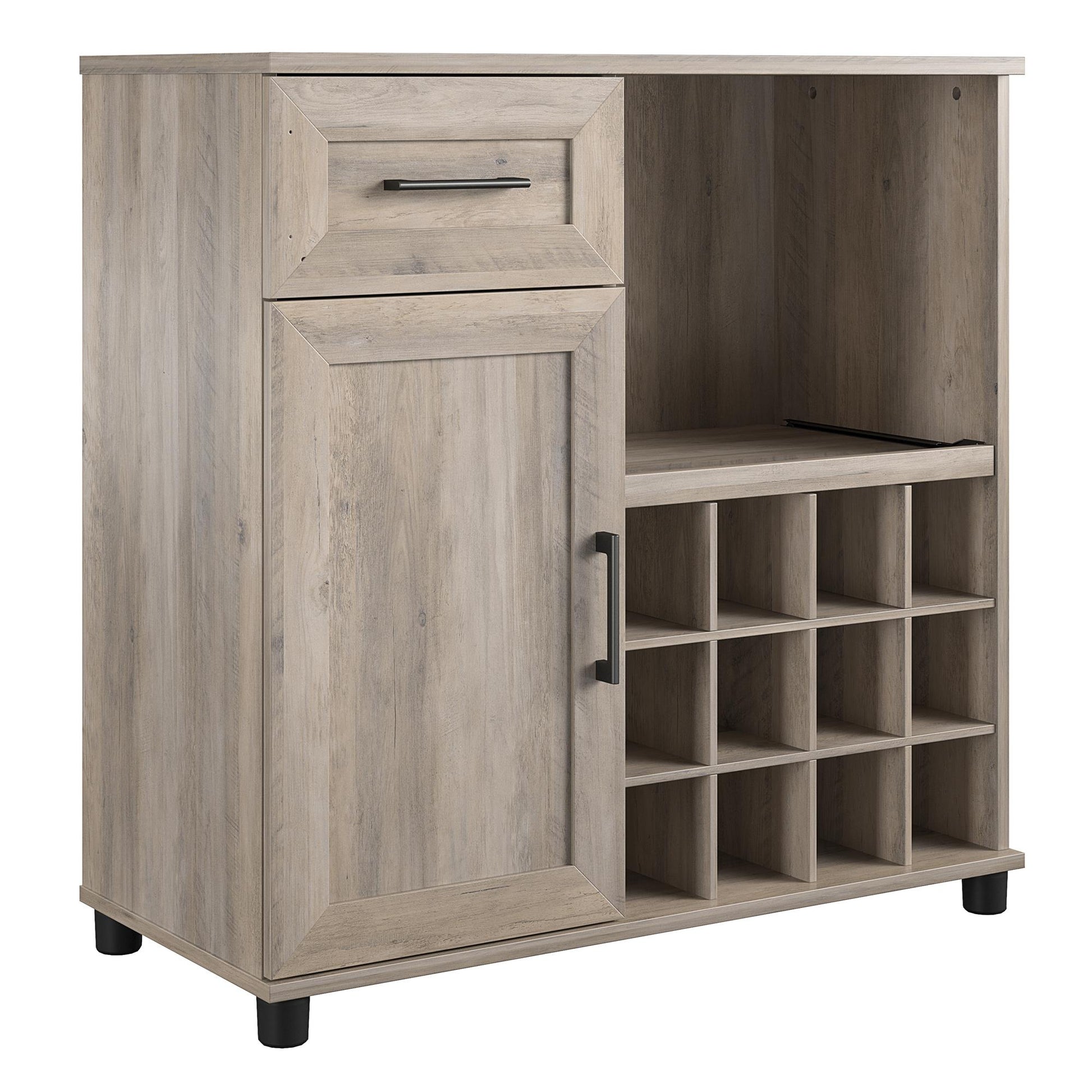 Tindall Modern Farmhouse Bar Cabinet with Pull Out Shelf and 12 Cubbies - Gray Oak