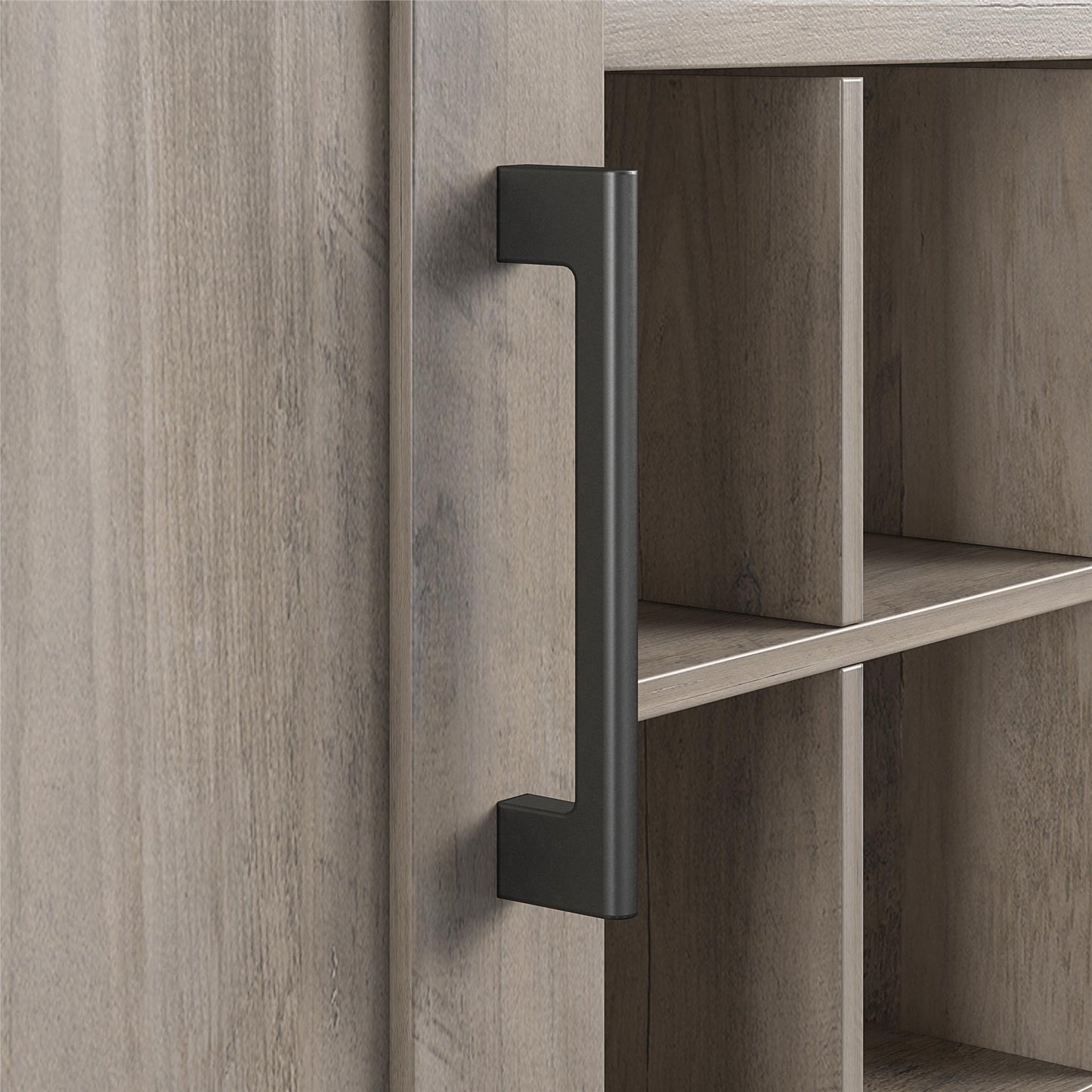 Tindall Modern Farmhouse Bar Cabinet with Pull Out Shelf and 12 Cubbies - Gray Oak