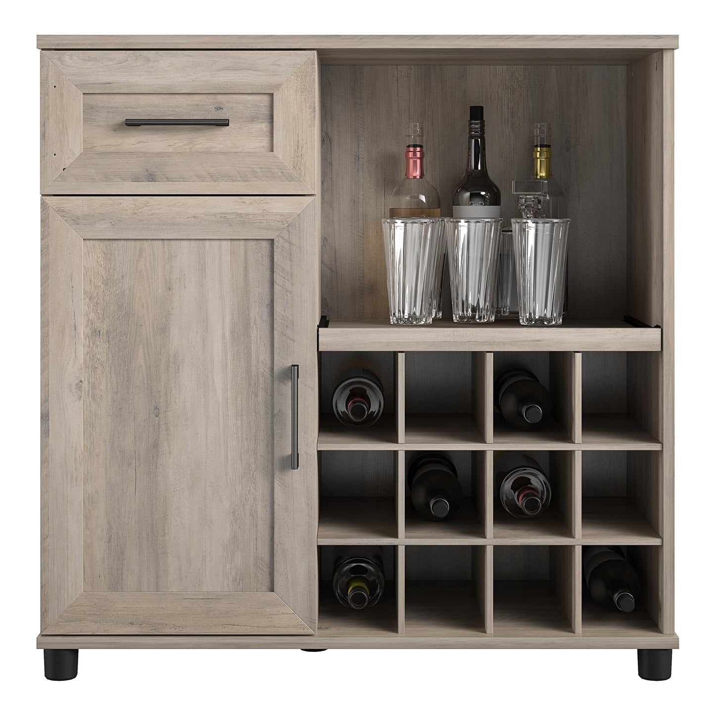 Tindall Modern Farmhouse Bar Cabinet with Pull Out Shelf and 12 Cubbies - Gray Oak