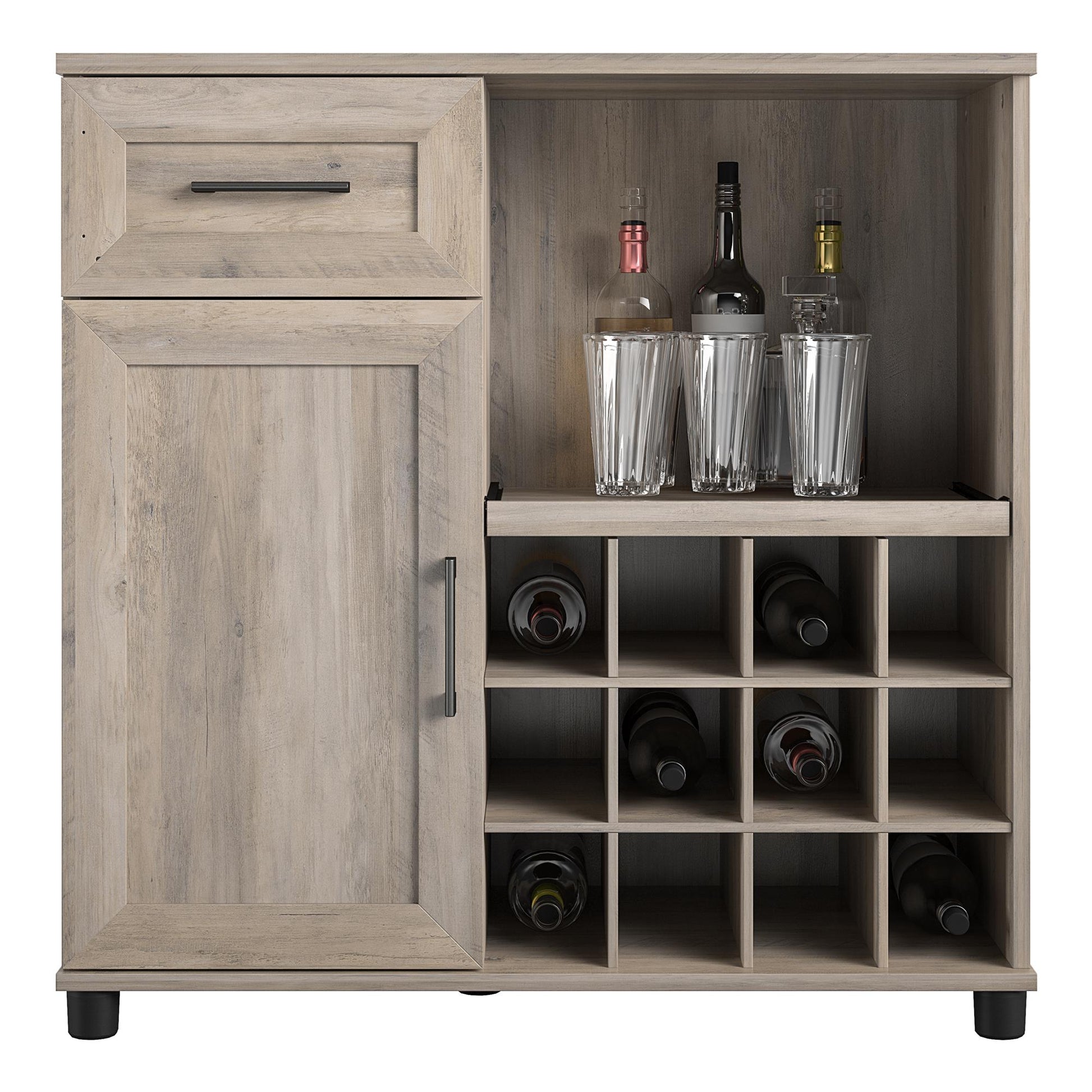 Tindall Modern Farmhouse Bar Cabinet with Pull Out Shelf and 12 Cubbies - Gray Oak