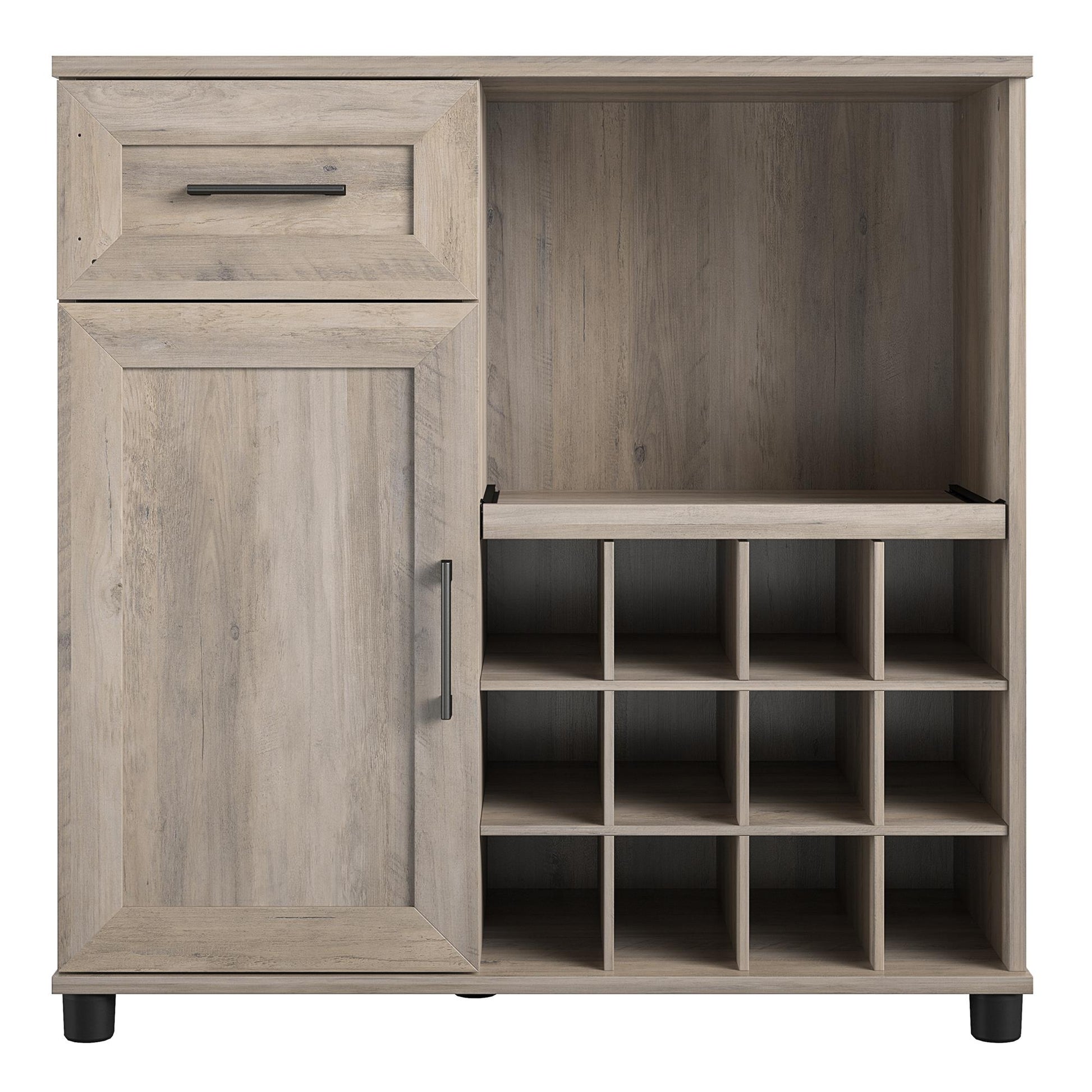 Tindall Modern Farmhouse Bar Cabinet with Pull Out Shelf and 12 Cubbies - Gray Oak