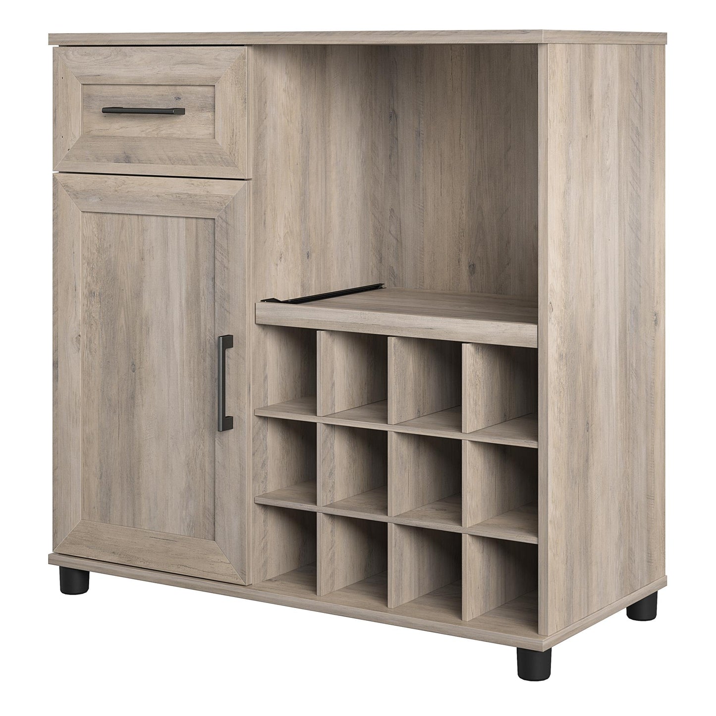 Tindall Modern Farmhouse Bar Cabinet with Pull Out Shelf and 12 Cubbies - Gray Oak