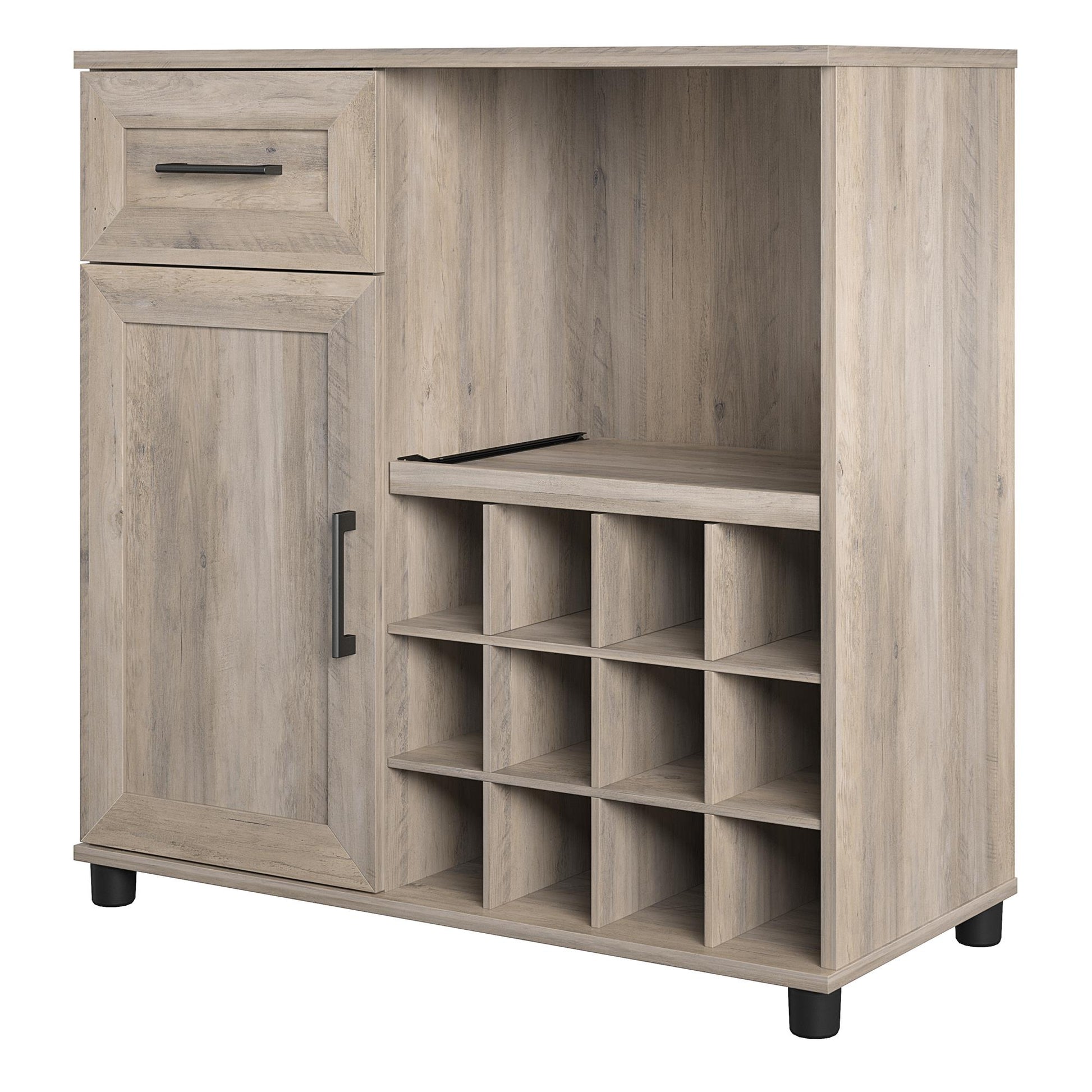 Tindall Modern Farmhouse Bar Cabinet with Pull Out Shelf and 12 Cubbies - Gray Oak