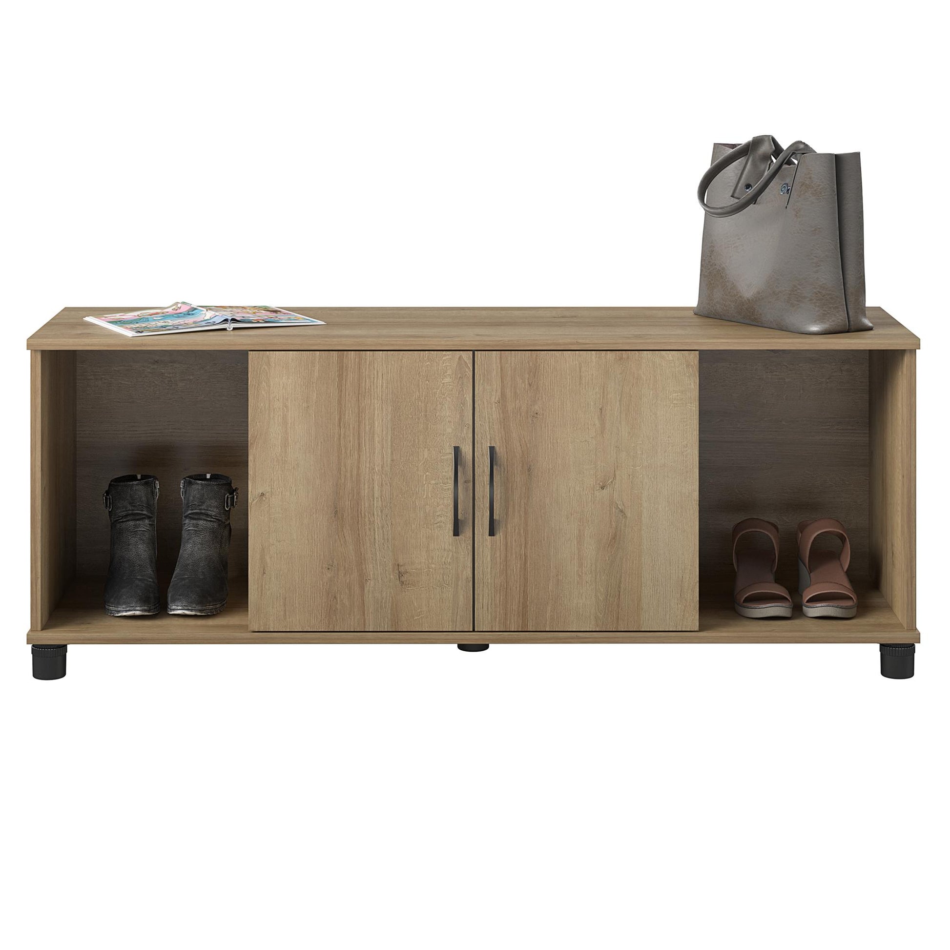 Basin Shoe Storage Bench with Seating Area and Adjustable Feet - Natural
