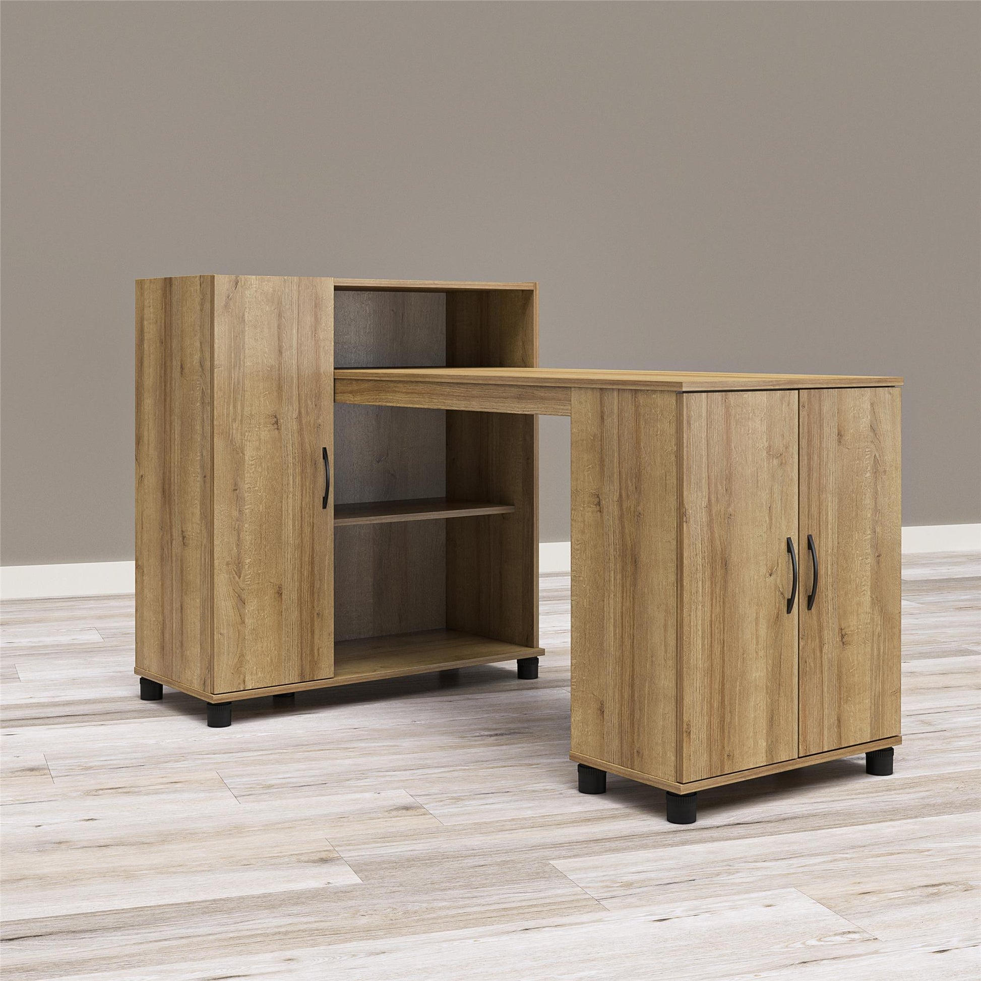Basin Hobby and Craft Desk with Open Shelving and Storage Cabinet - Natural