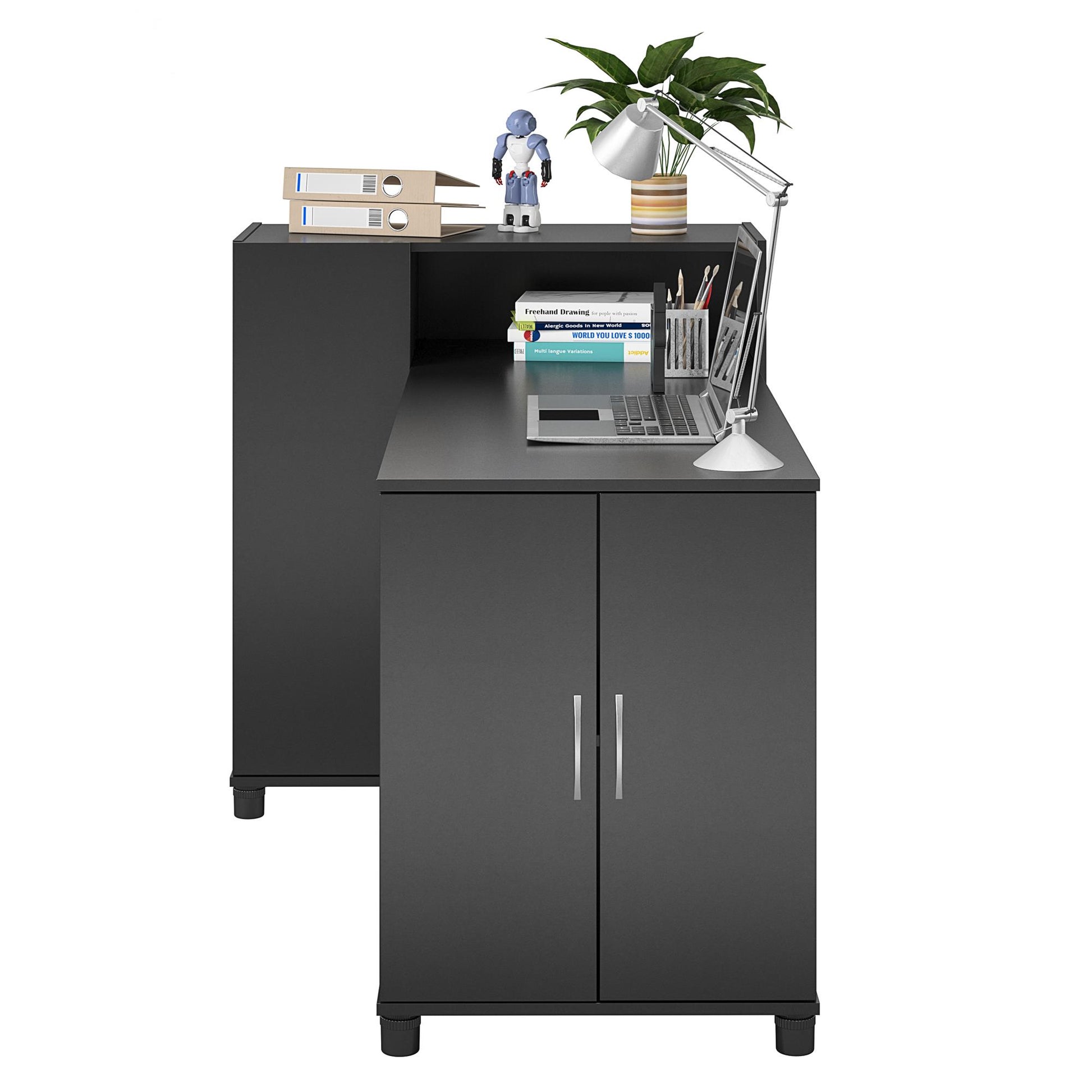Basin Hobby and Craft Desk with Open Shelving and Storage Cabinet - Black
