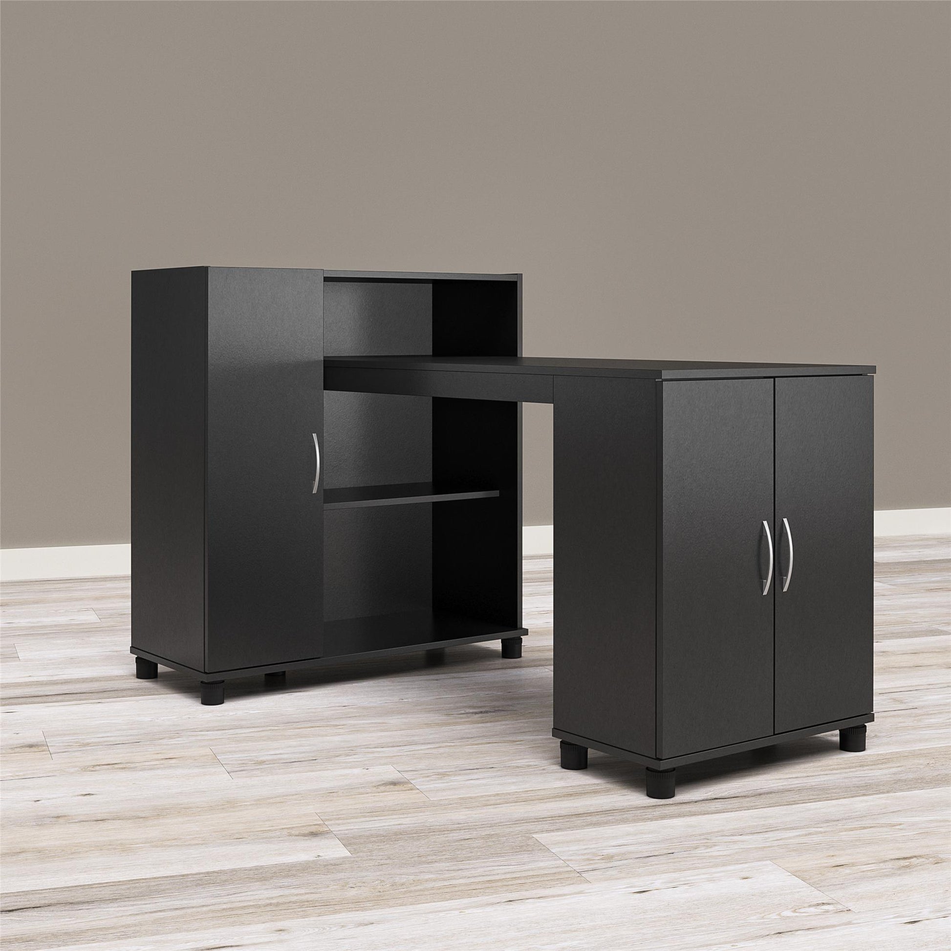 Basin Hobby and Craft Desk with Open Shelving and Storage Cabinet - Black