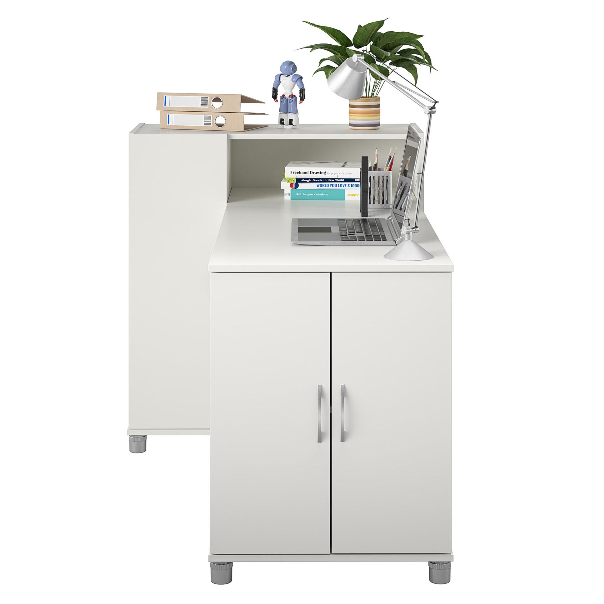Basin Hobby and Craft Desk with Open Shelving and Storage Cabinet - White