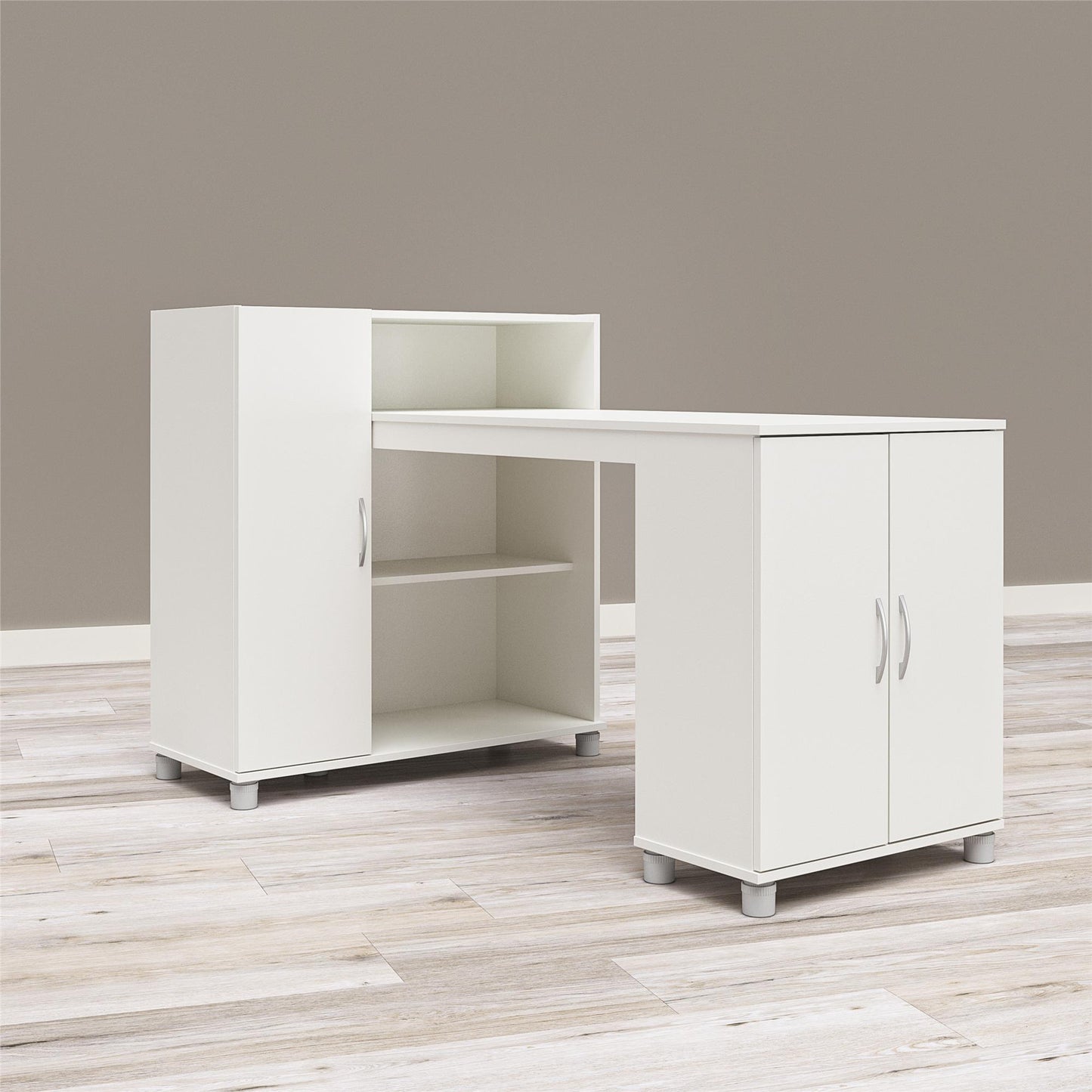 Basin Hobby and Craft Desk with Open Shelving and Storage Cabinet - White