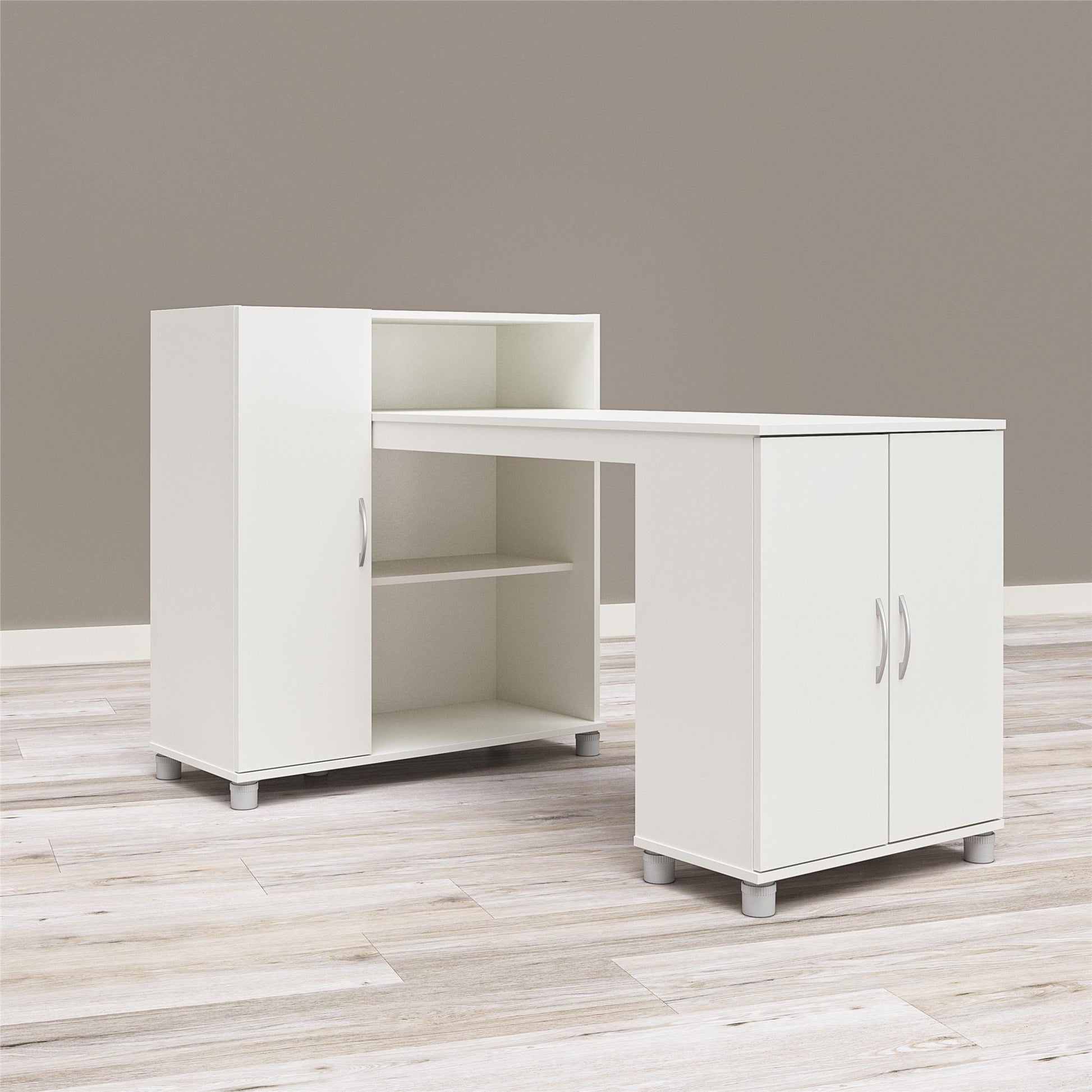 Basin Hobby and Craft Desk with Open Shelving and Storage Cabinet - White