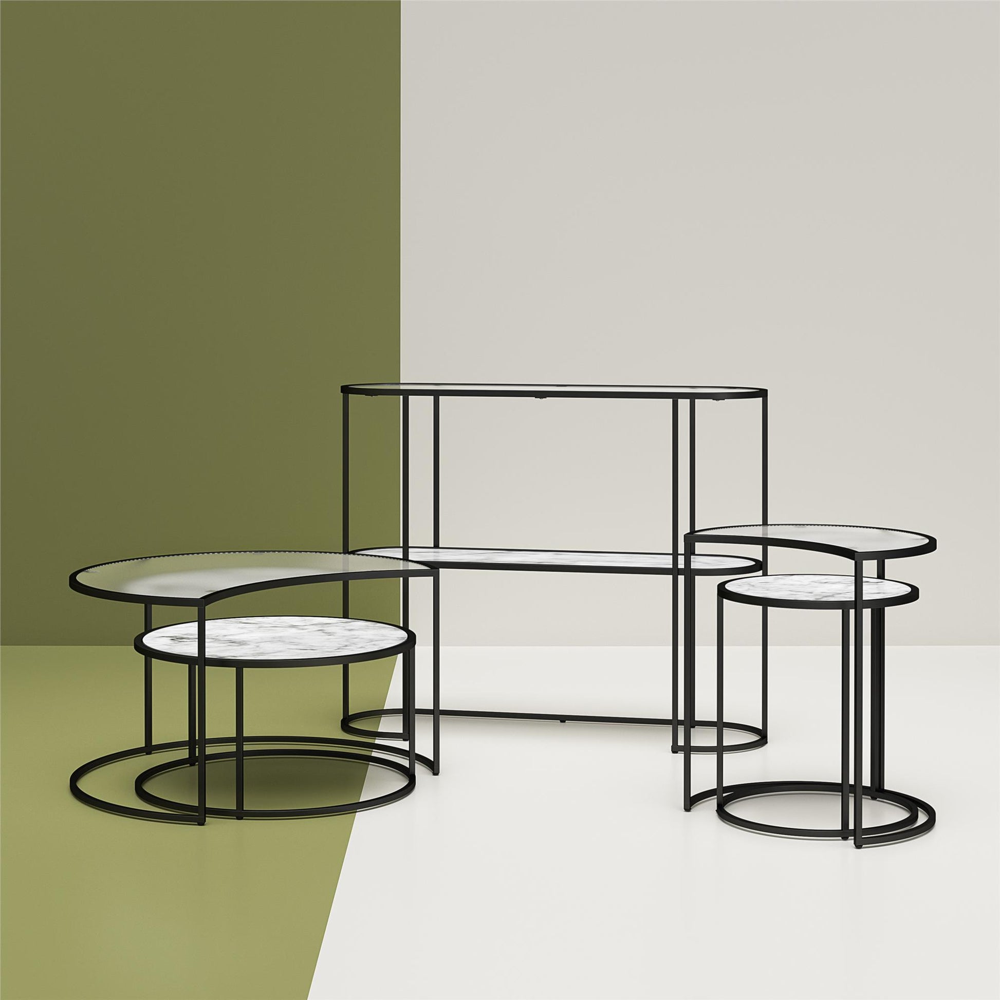 Moon Phases Nesting End Tables, White Marble/Glass - White marble
