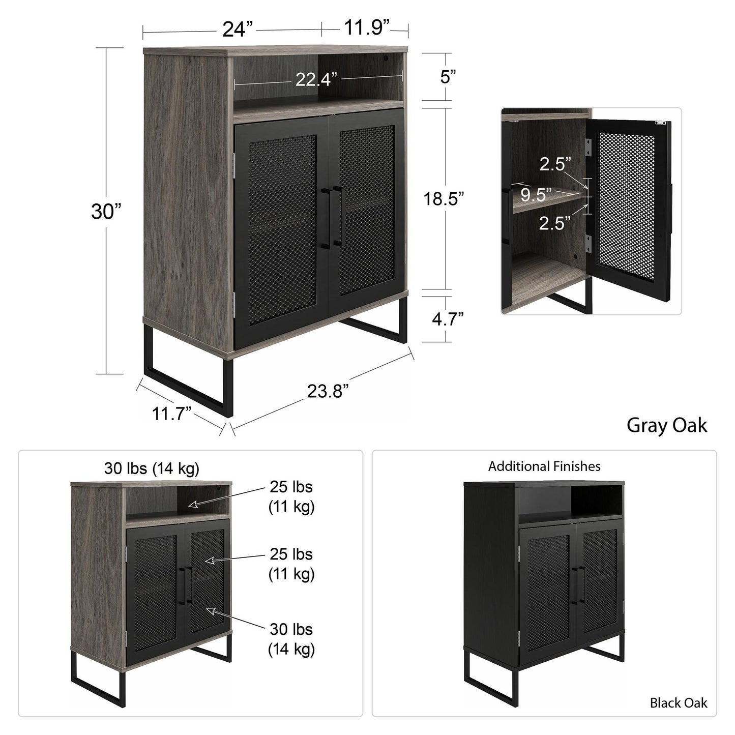 Purdue 3 Shelf Storage Cabinet with 2 Mesh Doors - Black Oak