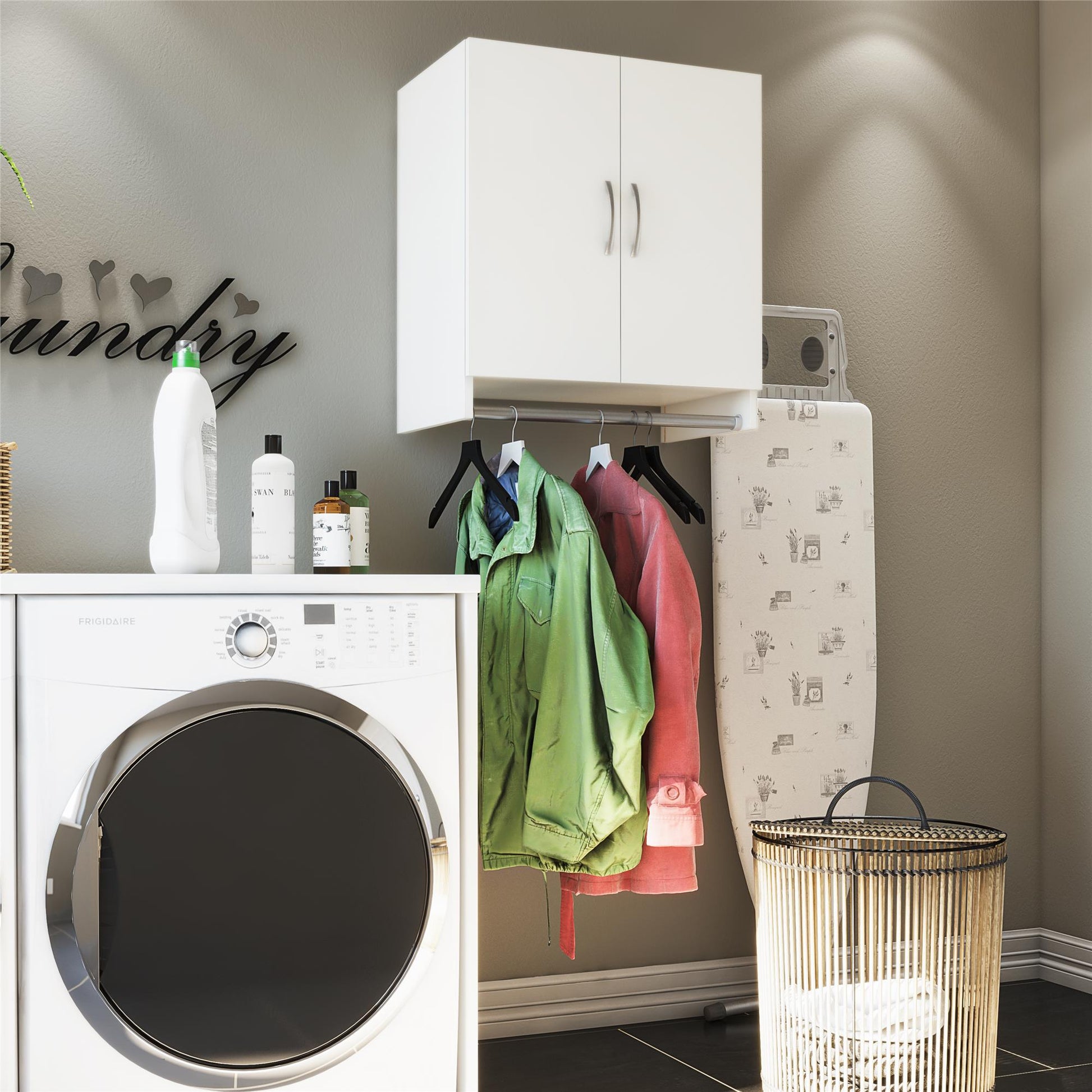 Basin 2 Door Wall Storage Cabinet with Hanging Rod - White