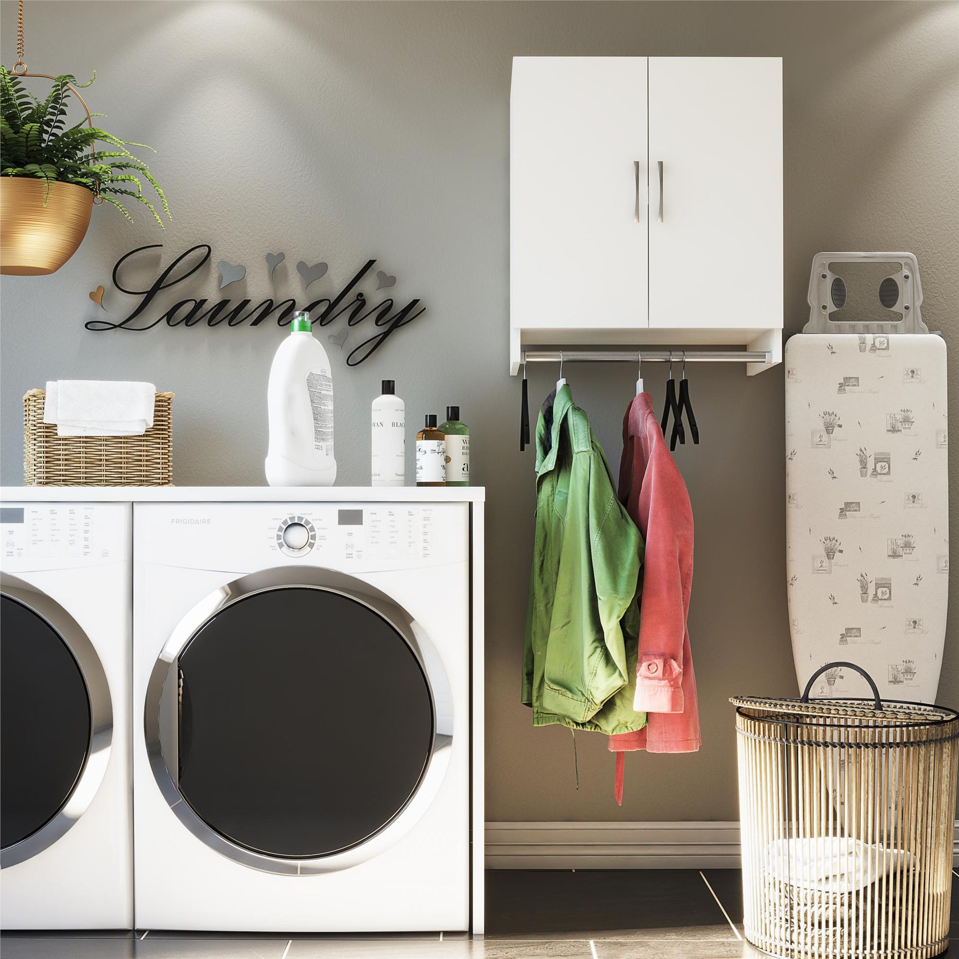 Basin 2 Door Wall Storage Cabinet with Hanging Rod - White