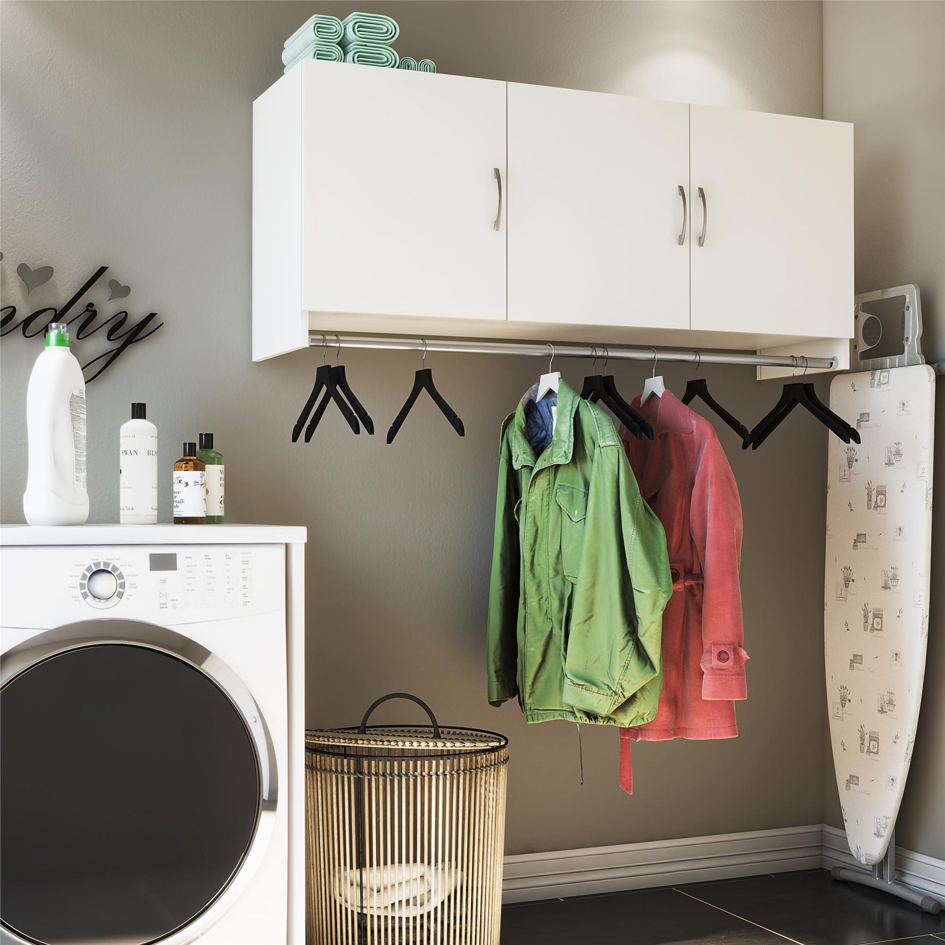Basin 3 Door Wall Storage Cabinet with Hanging Rod - White