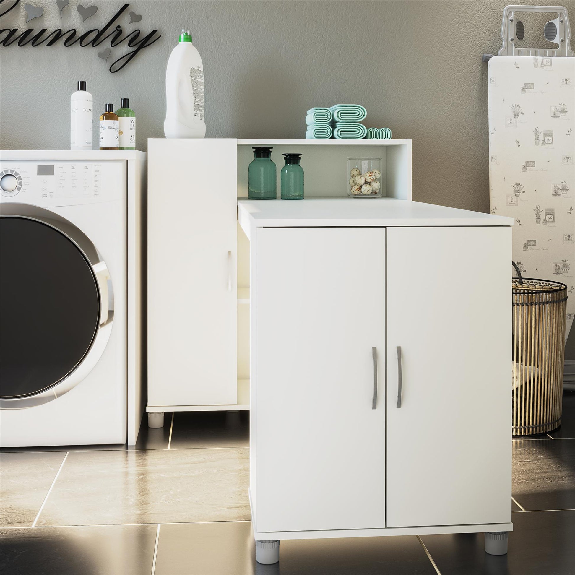 Basin Hobby and Craft Desk with Open Shelving and Storage Cabinet - White