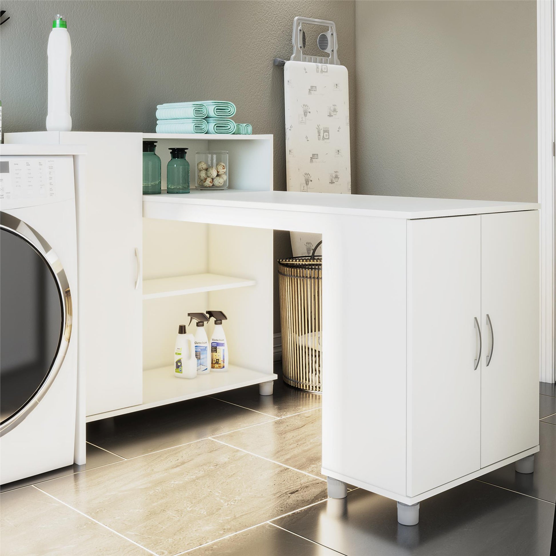 Basin Hobby and Craft Desk with Open Shelving and Storage Cabinet - White