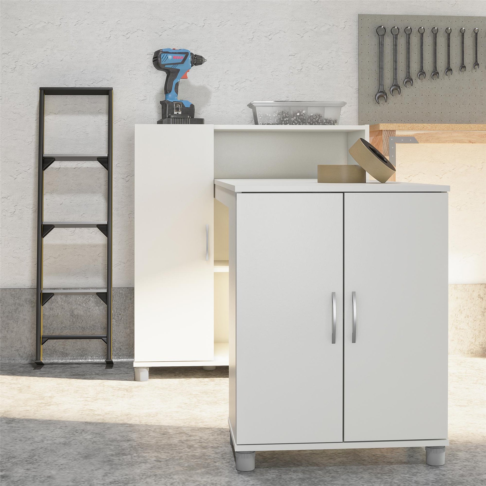 Basin Hobby and Craft Desk with Open Shelving and Storage Cabinet - White