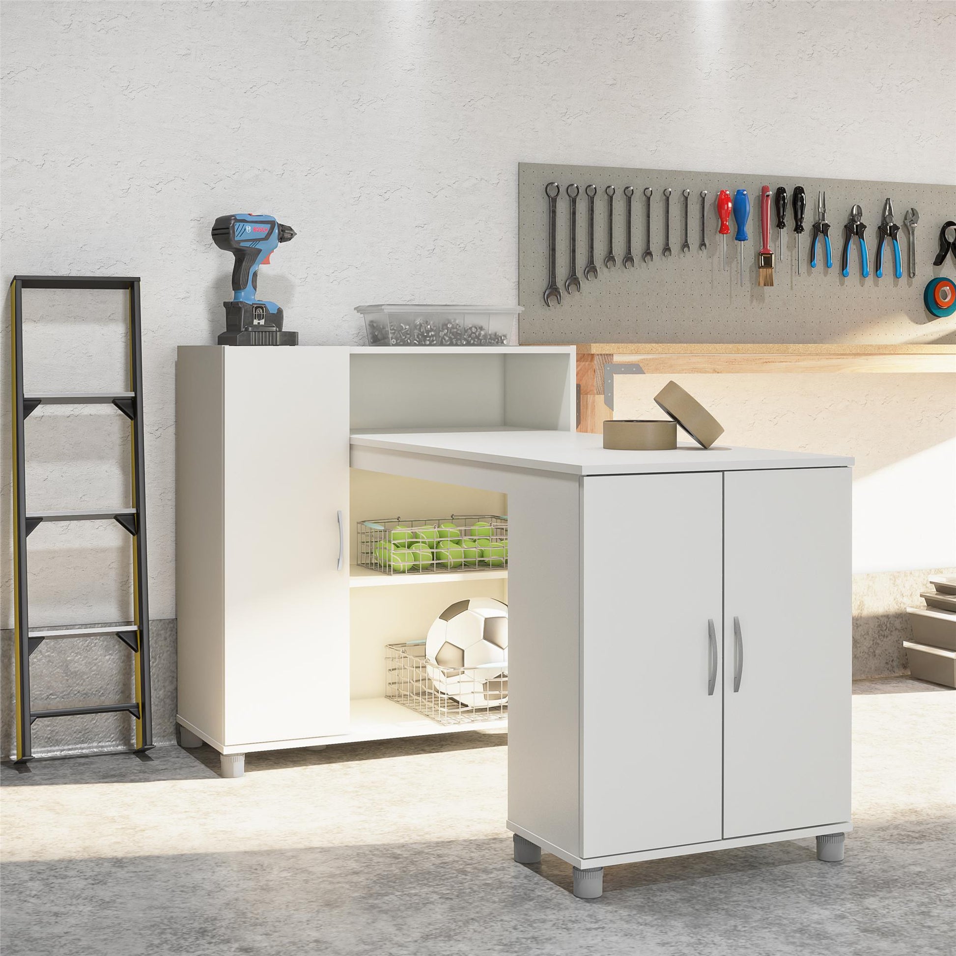 Basin Hobby and Craft Desk with Open Shelving and Storage Cabinet - White