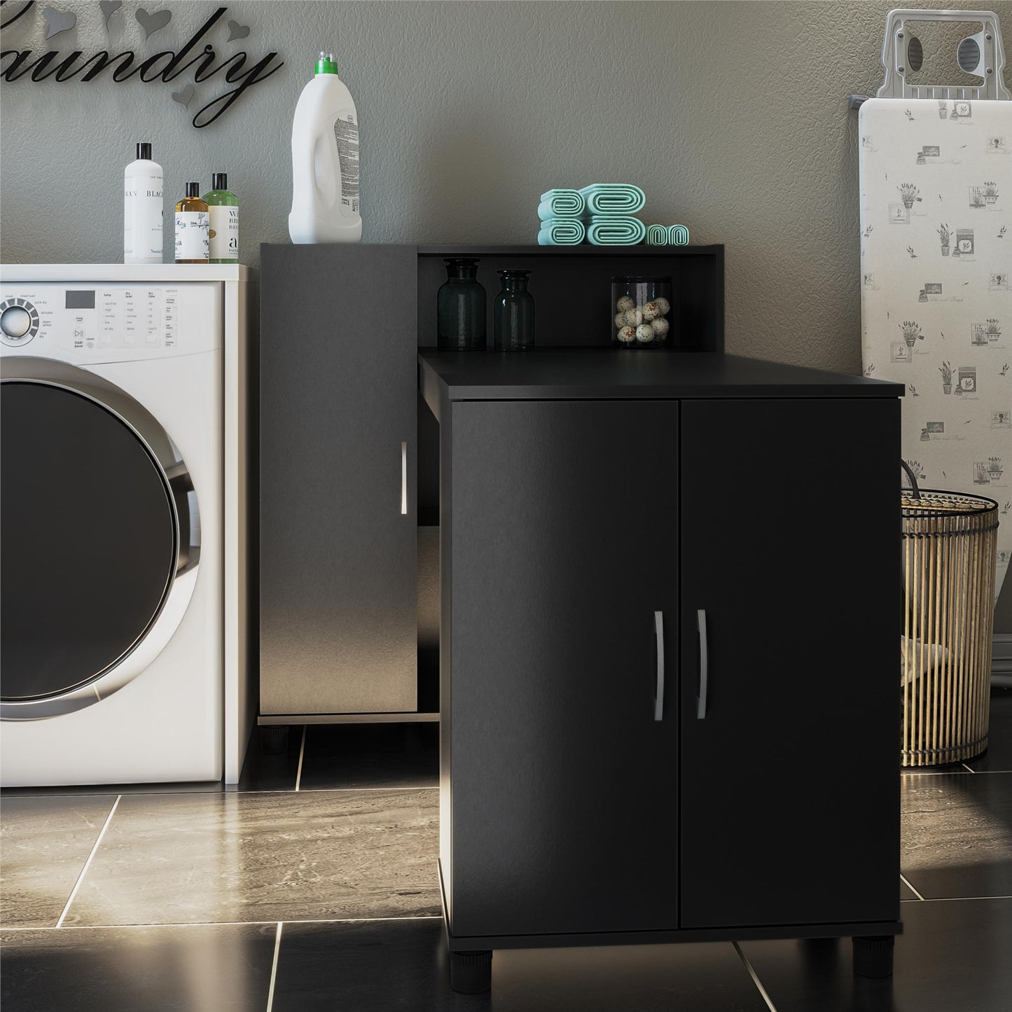 Basin Hobby and Craft Desk with Open Shelving and Storage Cabinet - Black