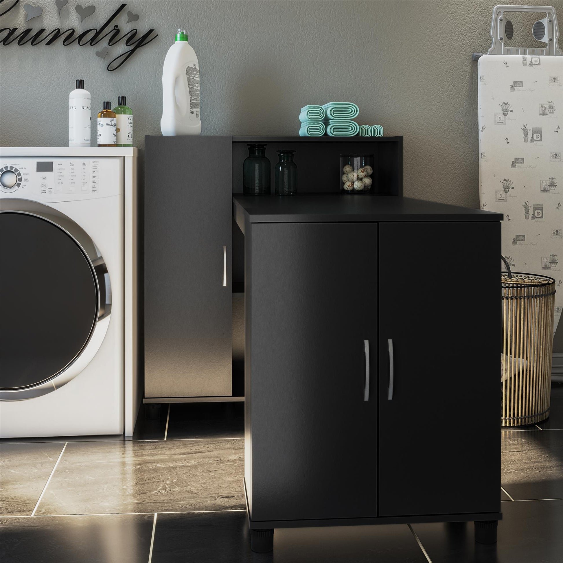 Basin Hobby and Craft Desk with Open Shelving and Storage Cabinet - Black