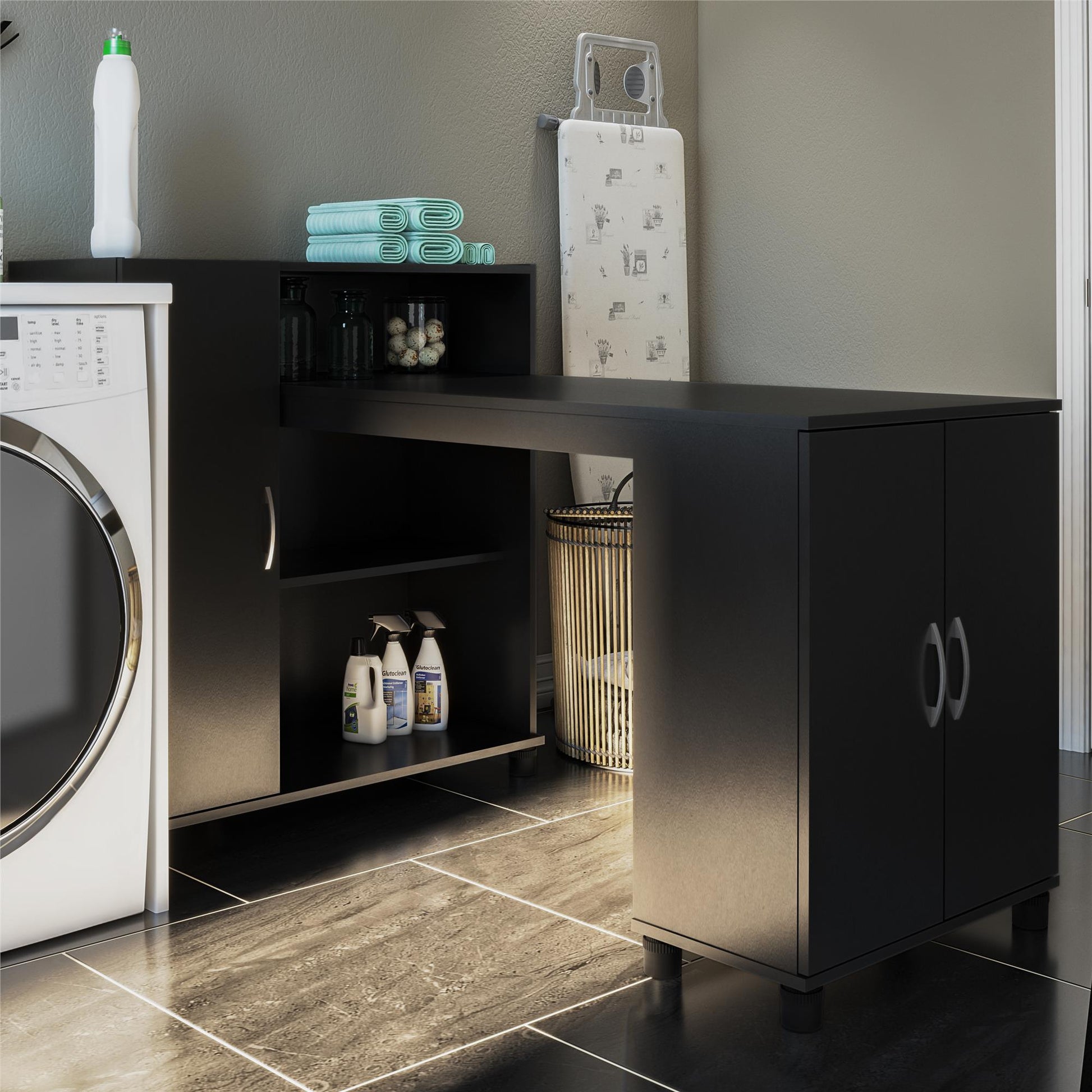 Basin Hobby and Craft Desk with Open Shelving and Storage Cabinet - Black