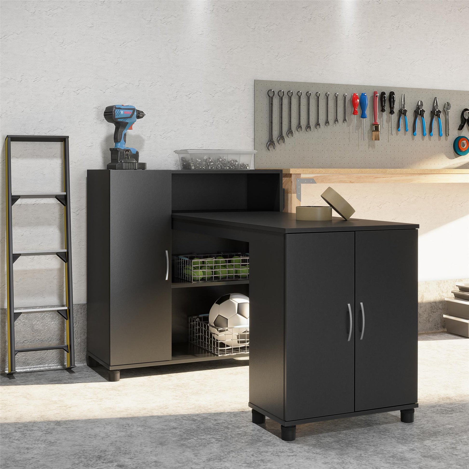Basin Hobby and Craft Desk with Open Shelving and Storage Cabinet - Black