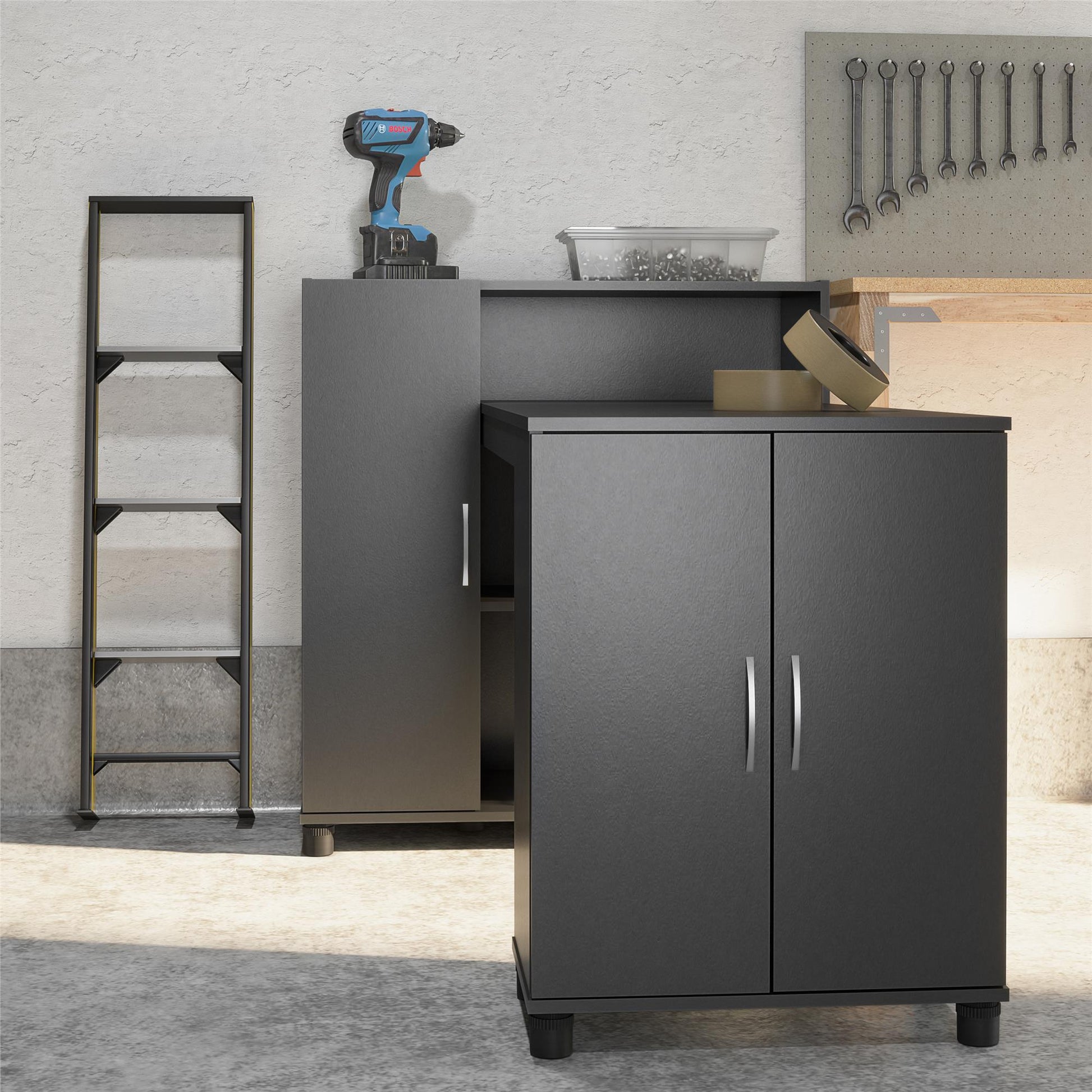 Basin Hobby and Craft Desk with Open Shelving and Storage Cabinet - Black