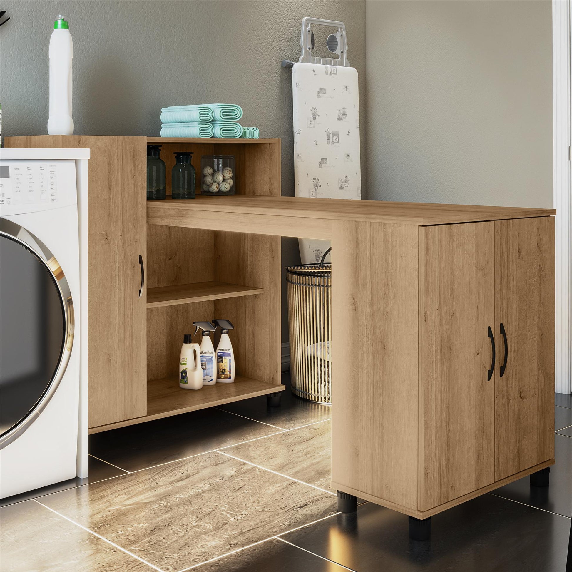 Basin Hobby and Craft Desk with Open Shelving and Storage Cabinet - Natural