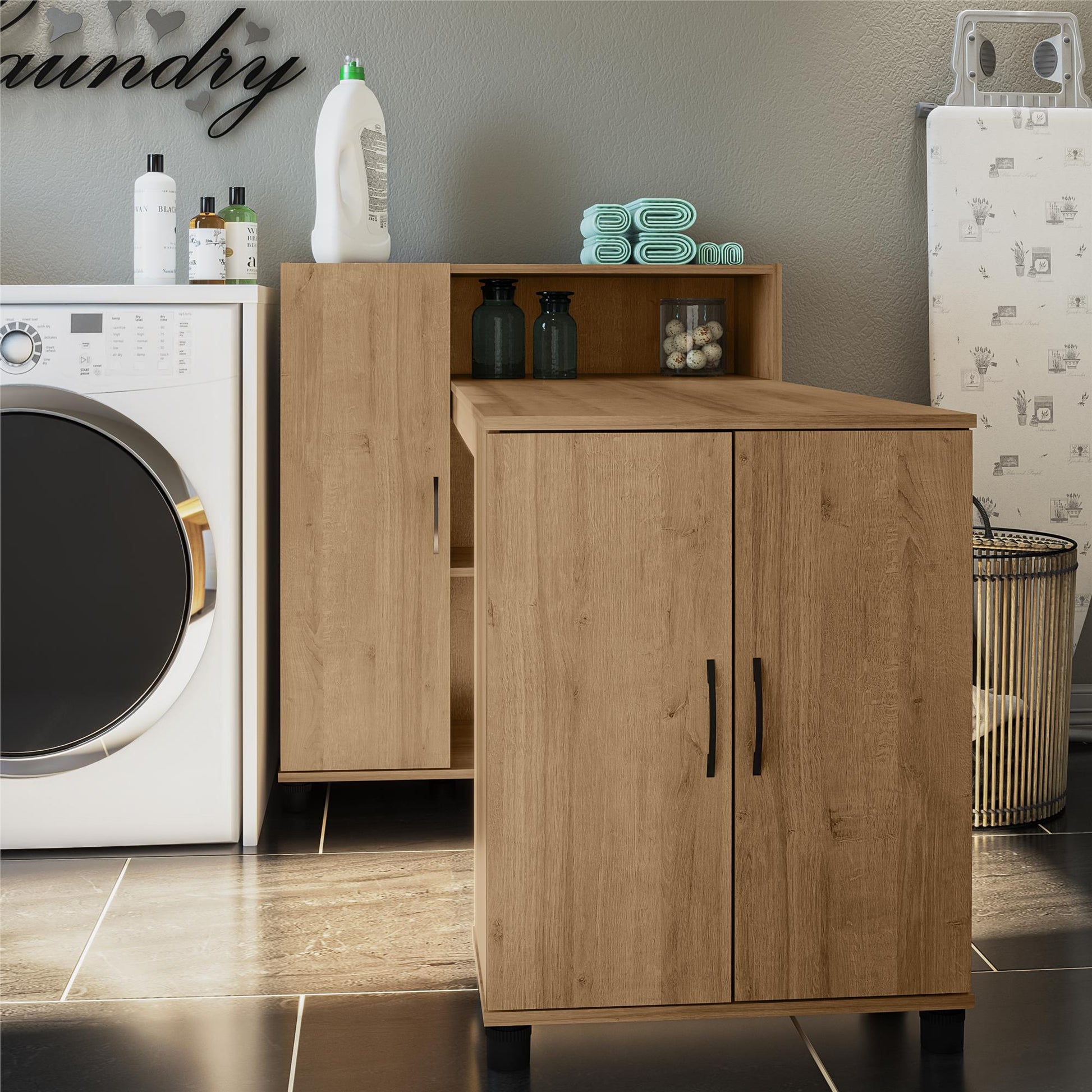 Basin Hobby and Craft Desk with Open Shelving and Storage Cabinet - Natural