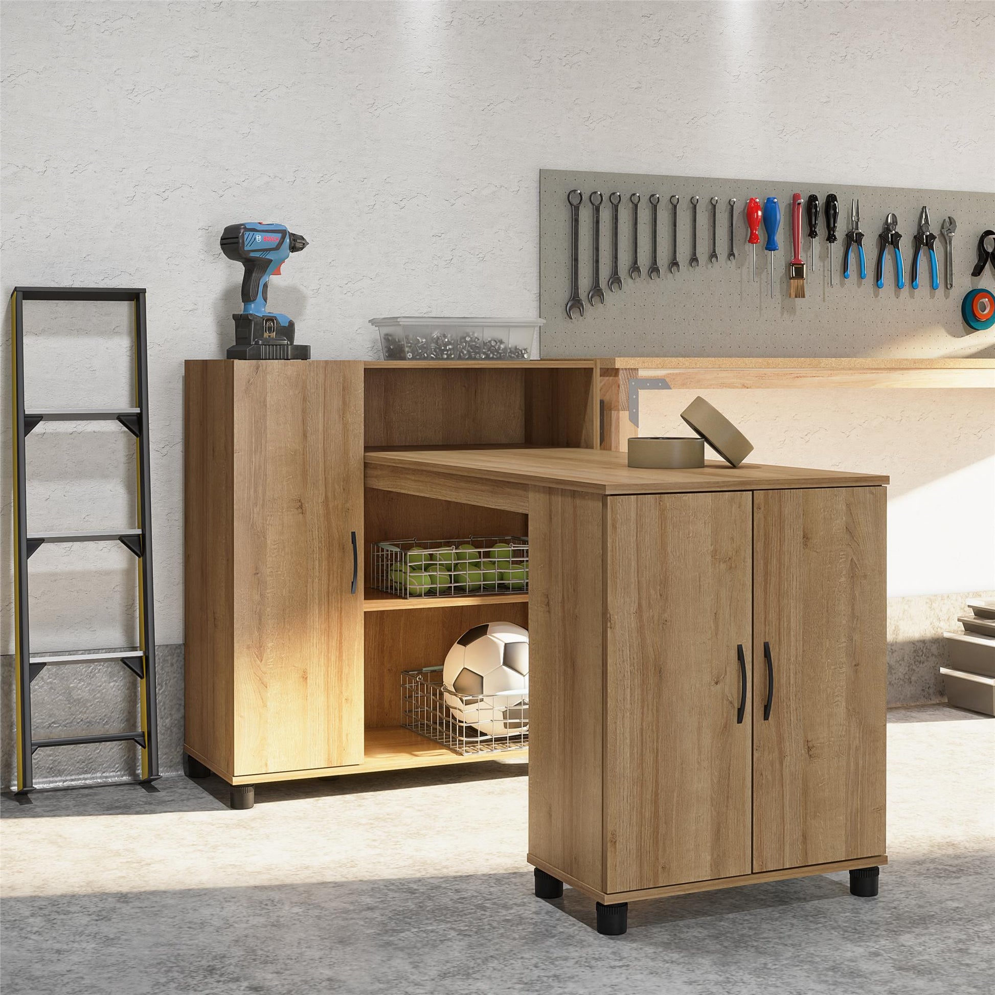 Basin Hobby and Craft Desk with Open Shelving and Storage Cabinet - Natural