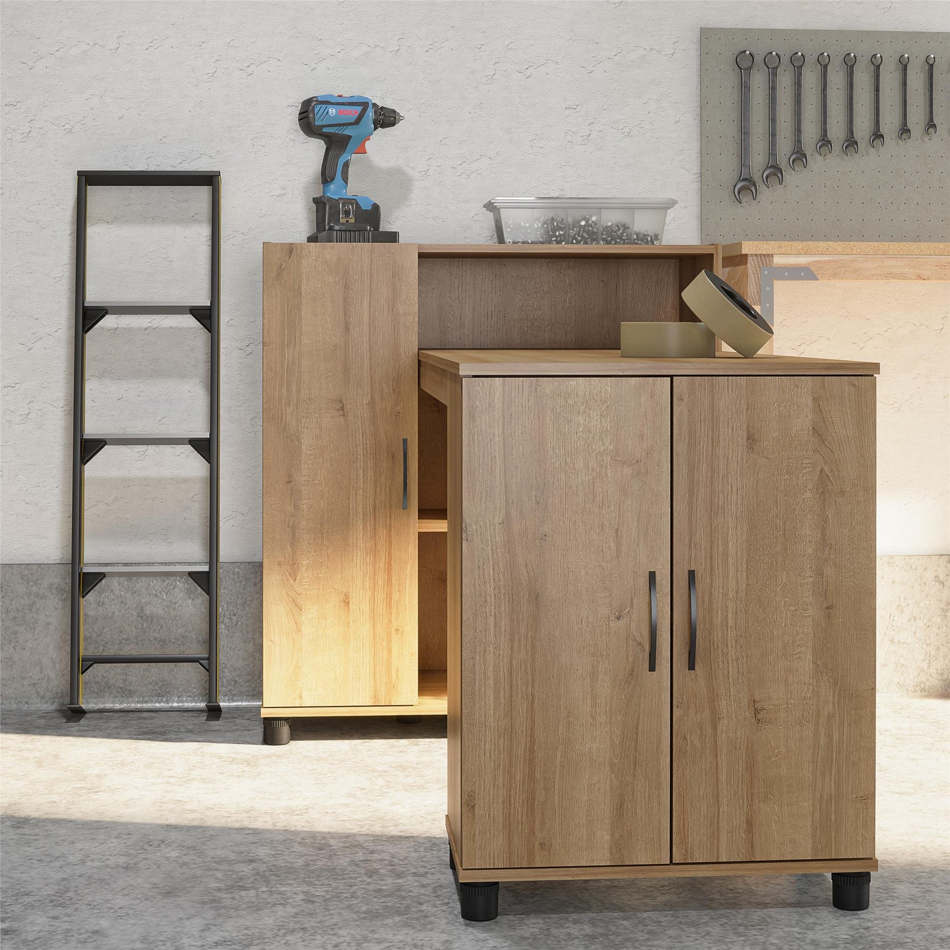 Basin Hobby and Craft Desk with Open Shelving and Storage Cabinet - Natural