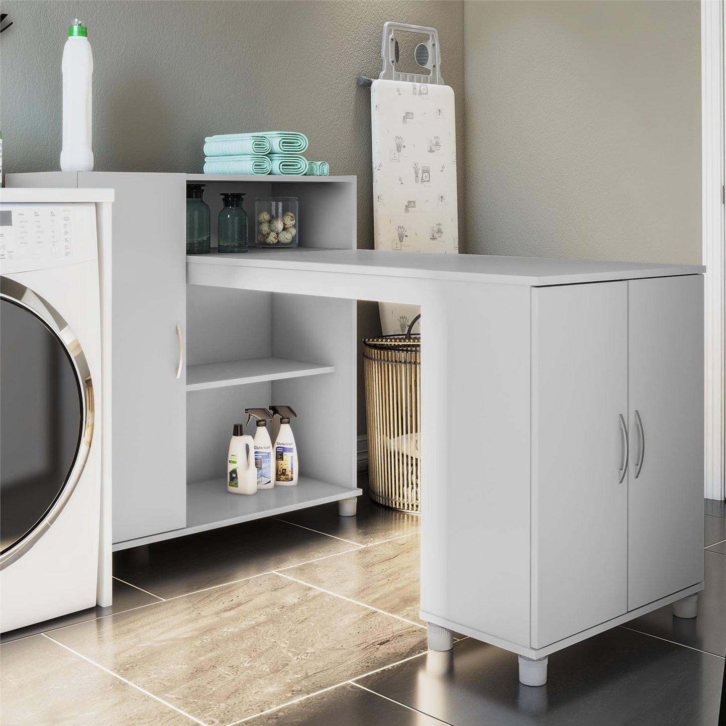 Basin Hobby and Craft Desk with Open Shelving and Storage Cabinet - Dove Gray