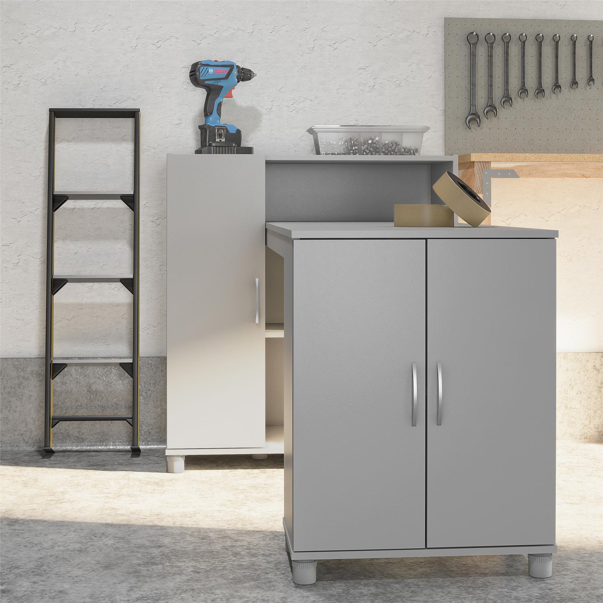 Basin Hobby and Craft Desk with Open Shelving and Storage Cabinet - Dove Gray