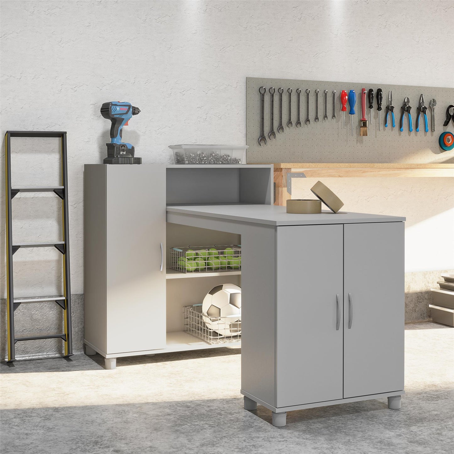 Basin Hobby and Craft Desk with Open Shelving and Storage Cabinet - Dove Gray