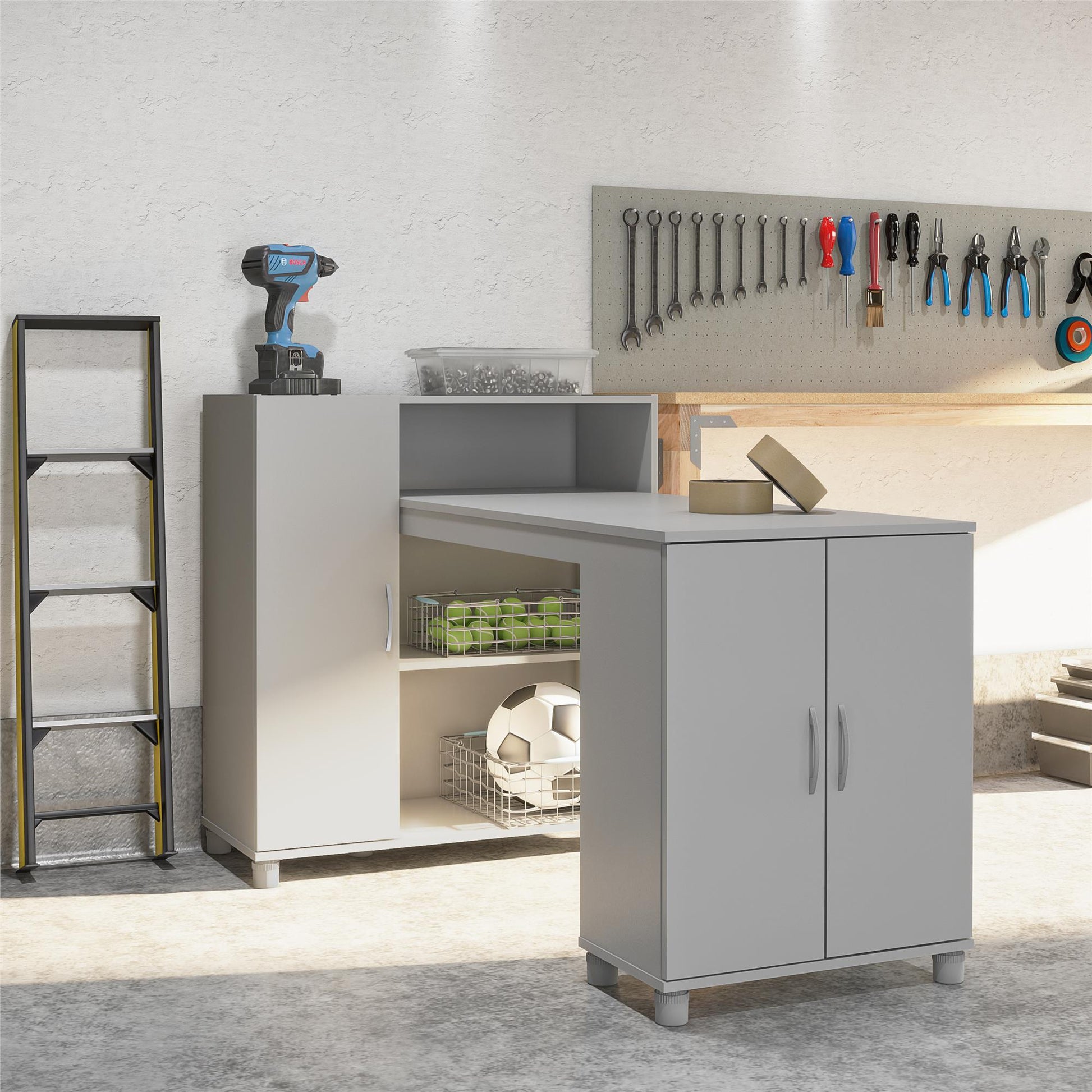 Basin Hobby and Craft Desk with Open Shelving and Storage Cabinet - Dove Gray