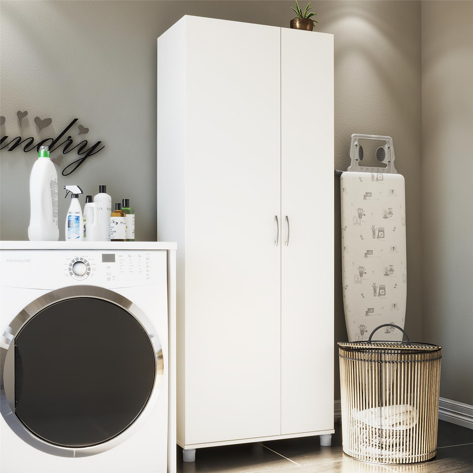 Basin Tall Asymmetrical Storage Cabinet with Adjustable Shelving and Feet - White
